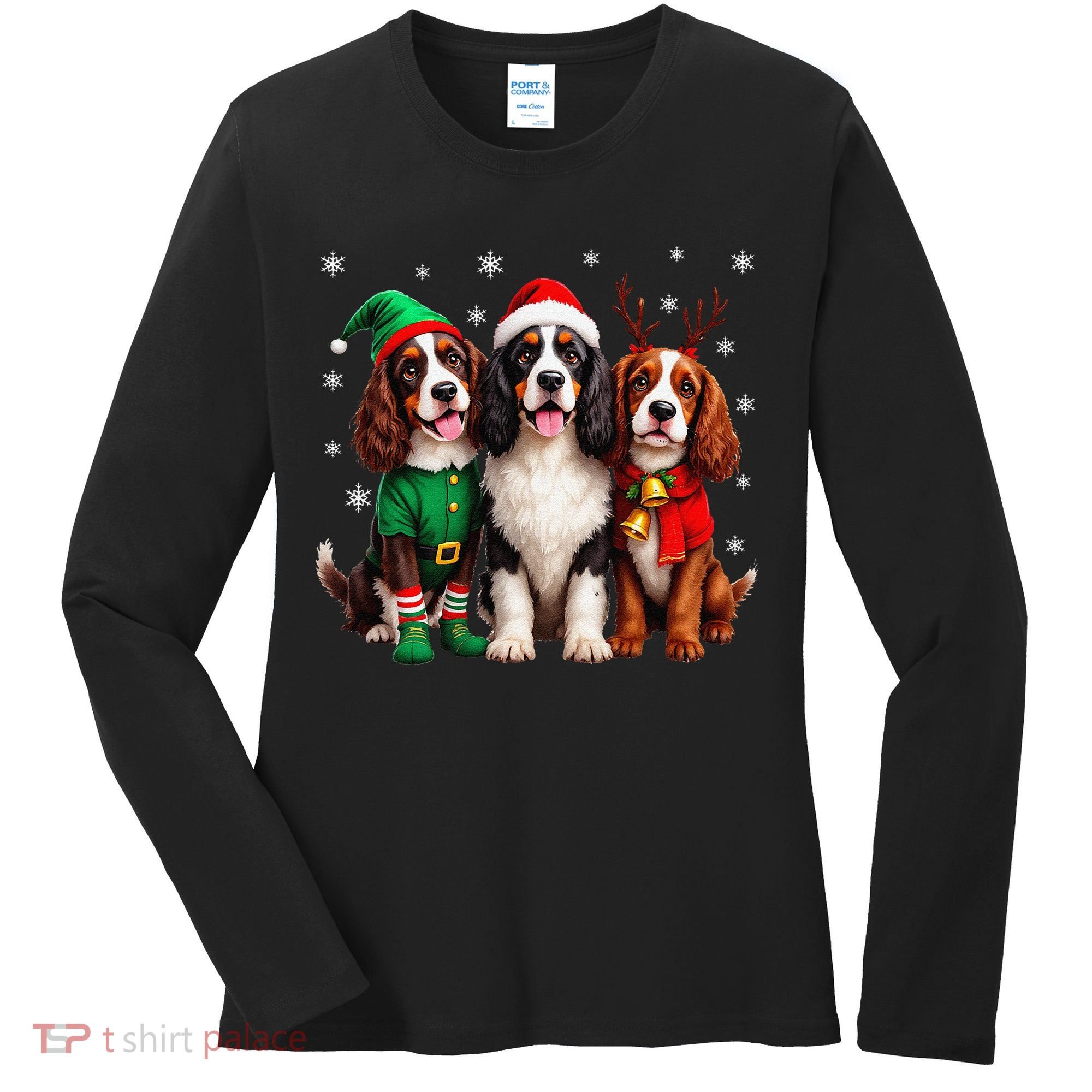 English Springer Spaniel Christmas Dogs Santa Reindeer Elf Women's Long Sleeve Shirt