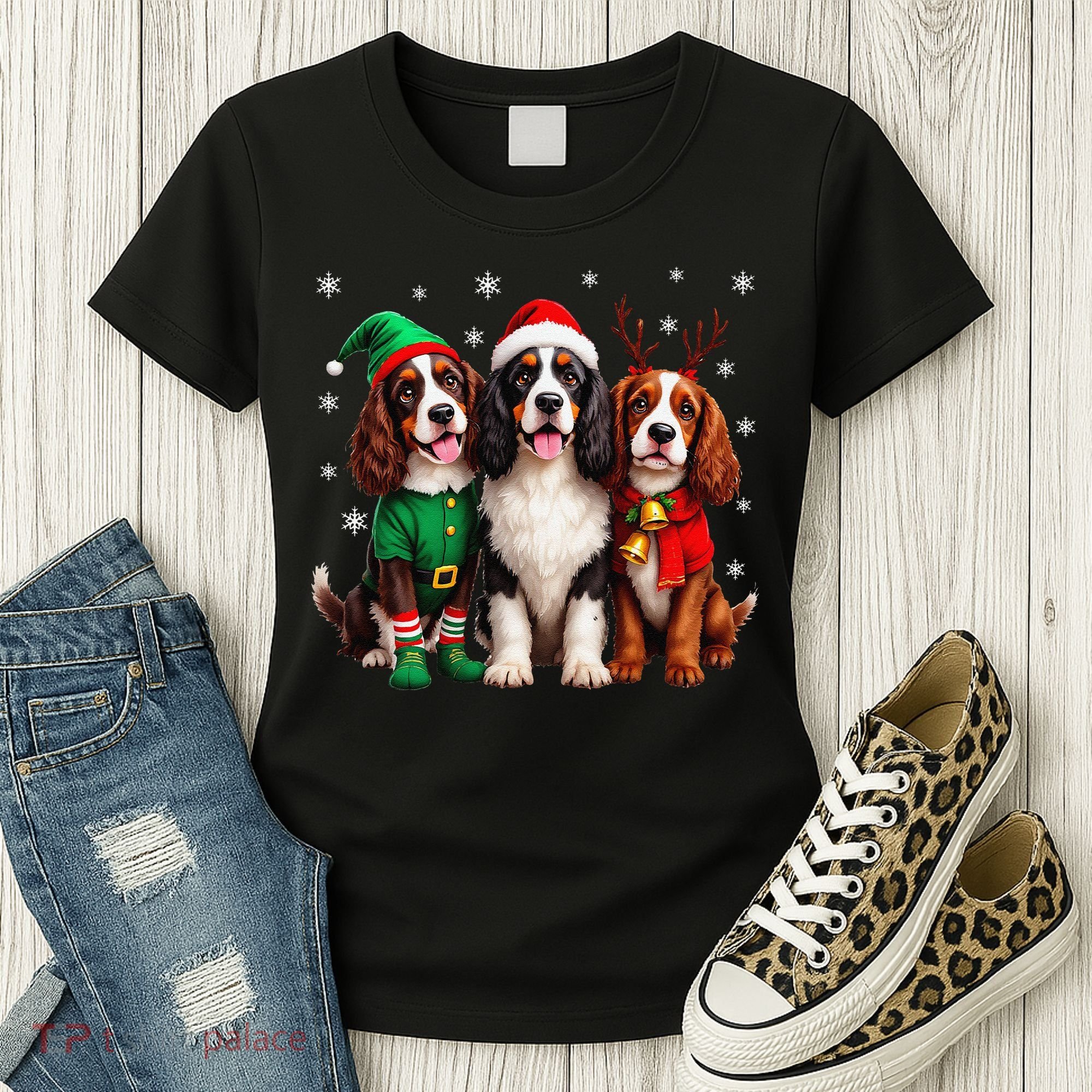 English Springer Spaniel Christmas Dogs Santa Reindeer Elf Women's T-Shirt