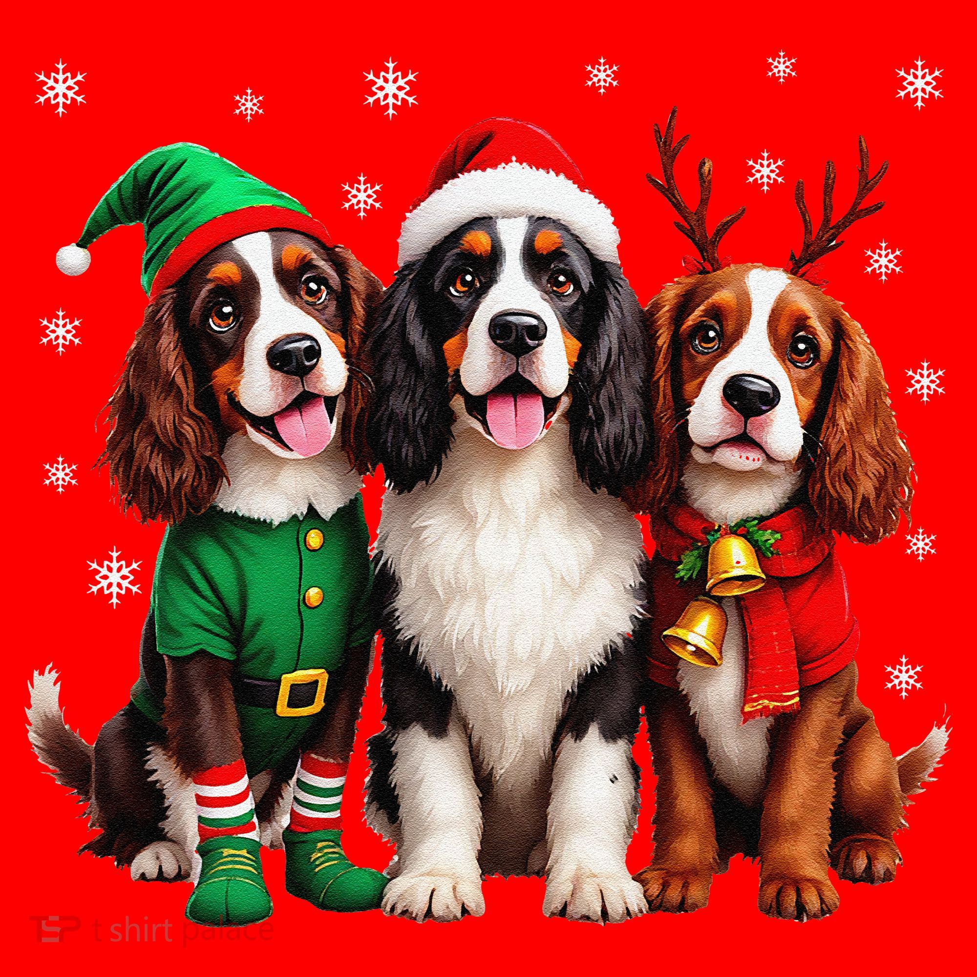 English Springer Spaniel Christmas Dogs Santa Reindeer Elf Santa Hat