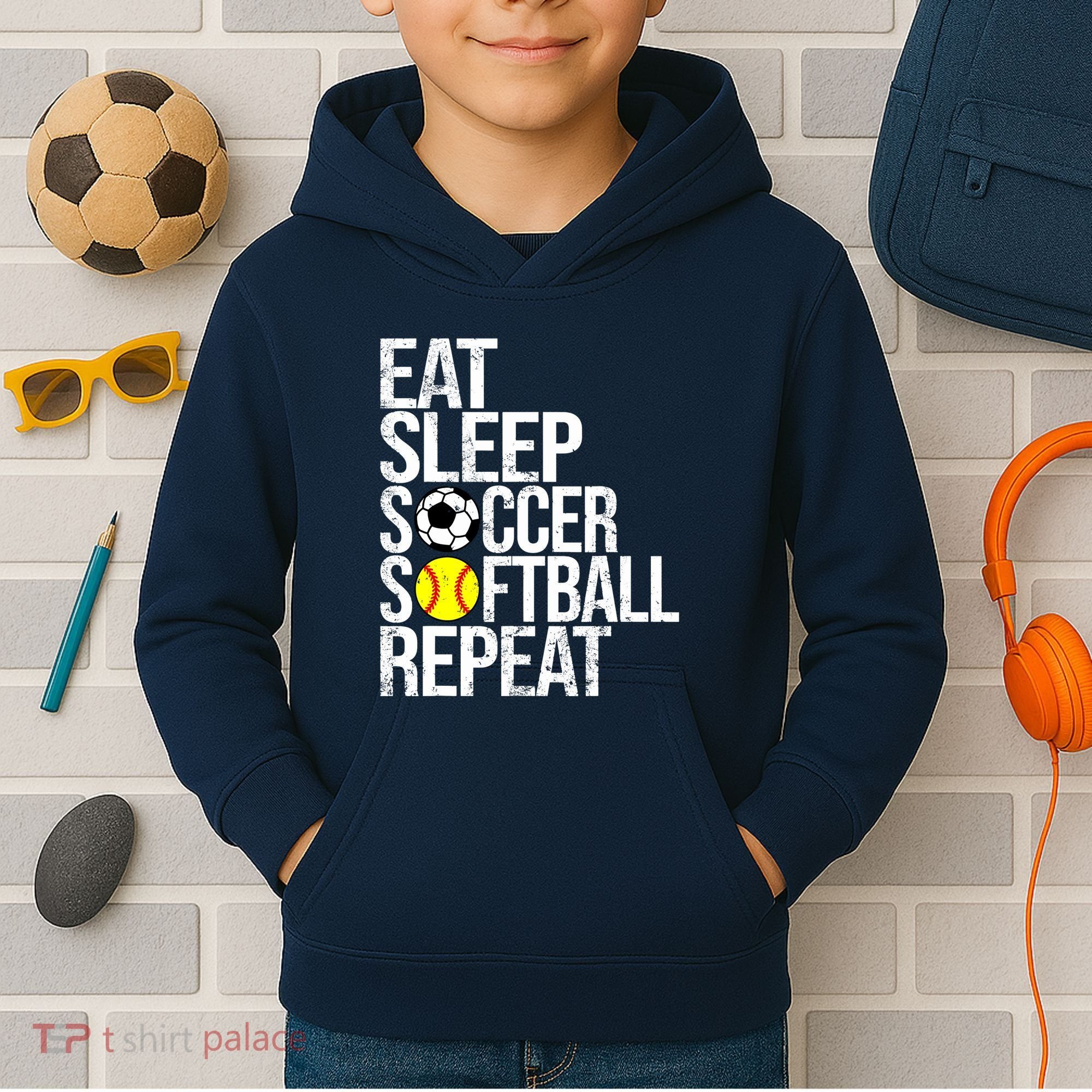 Eat Sleep Soccer Softball Repeat Funny Ball Kids Hoodie