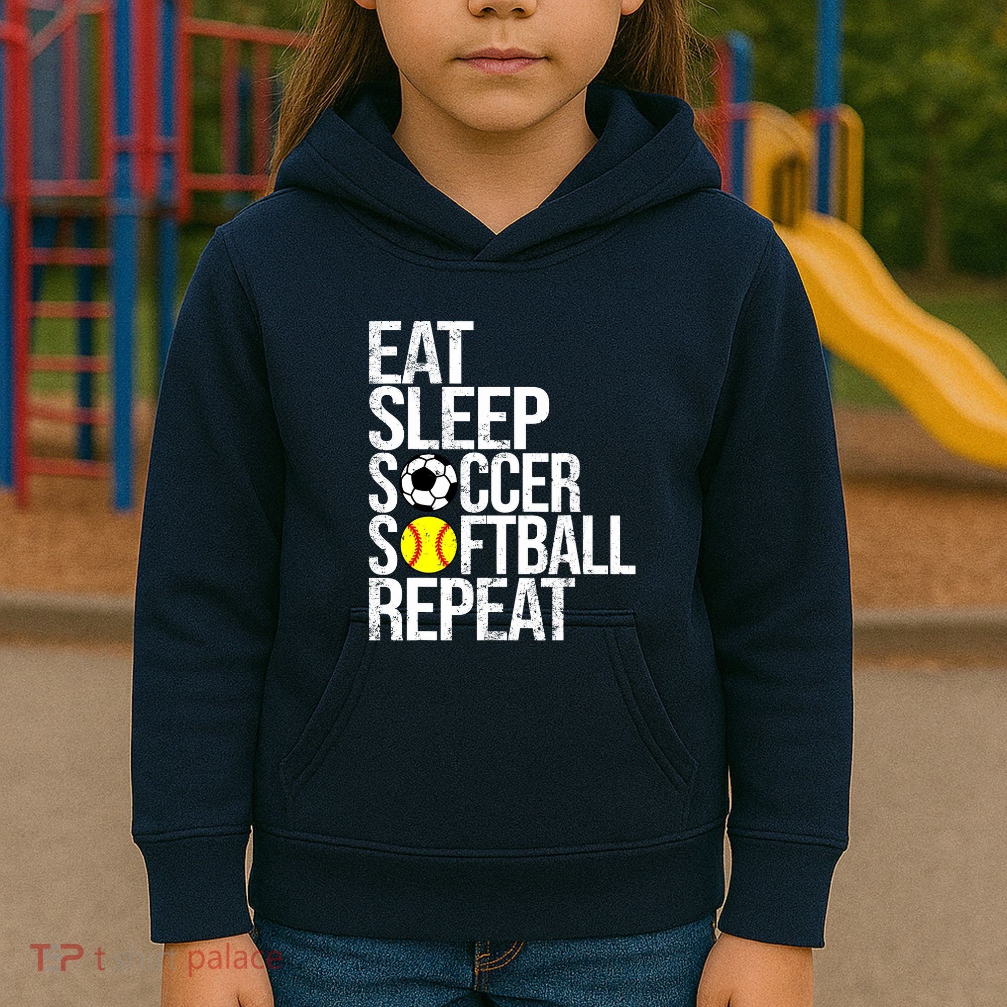 Eat Sleep Soccer Softball Repeat Funny Ball Kids Hoodie
