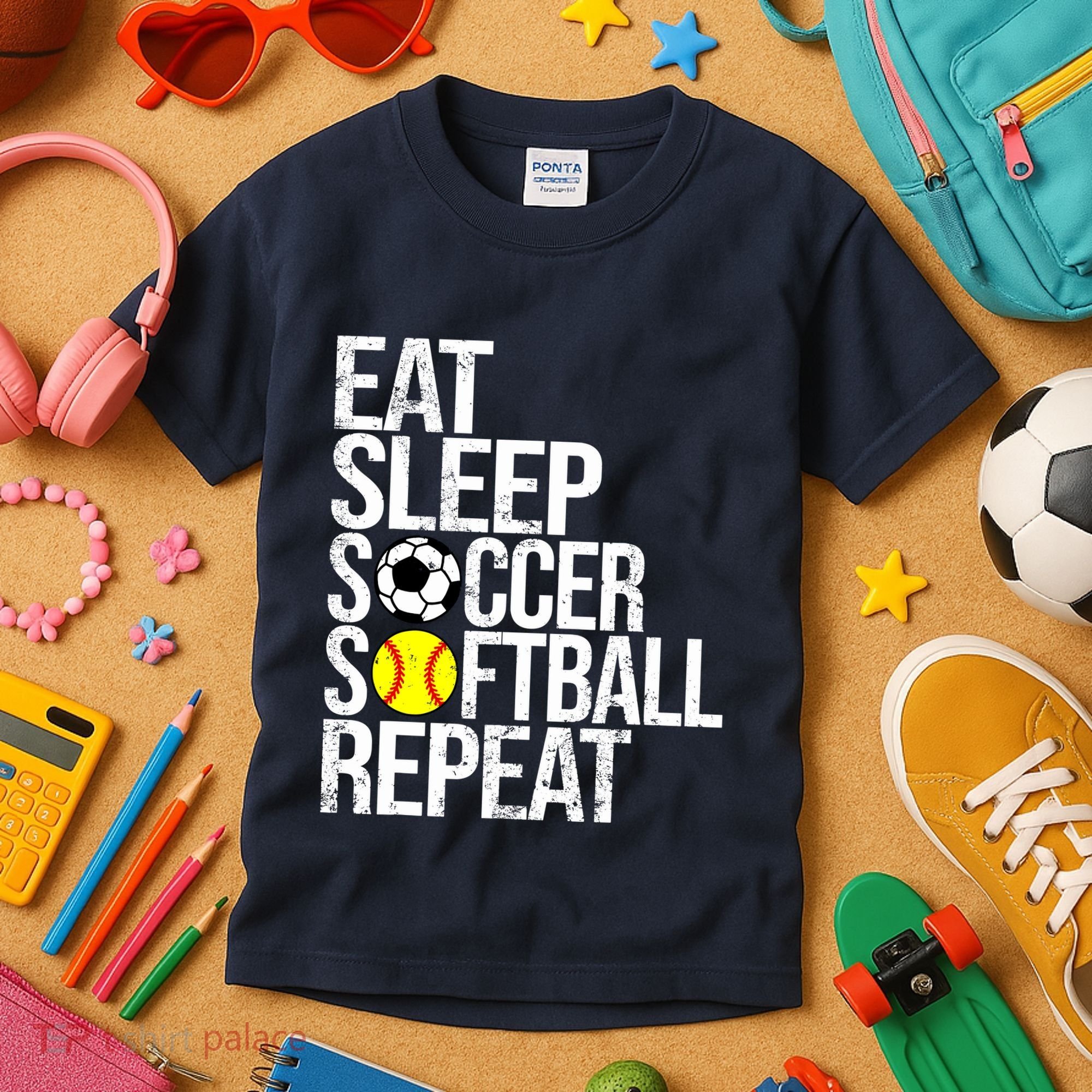 Eat Sleep Soccer Softball Repeat Funny Ball Kids T-Shirt