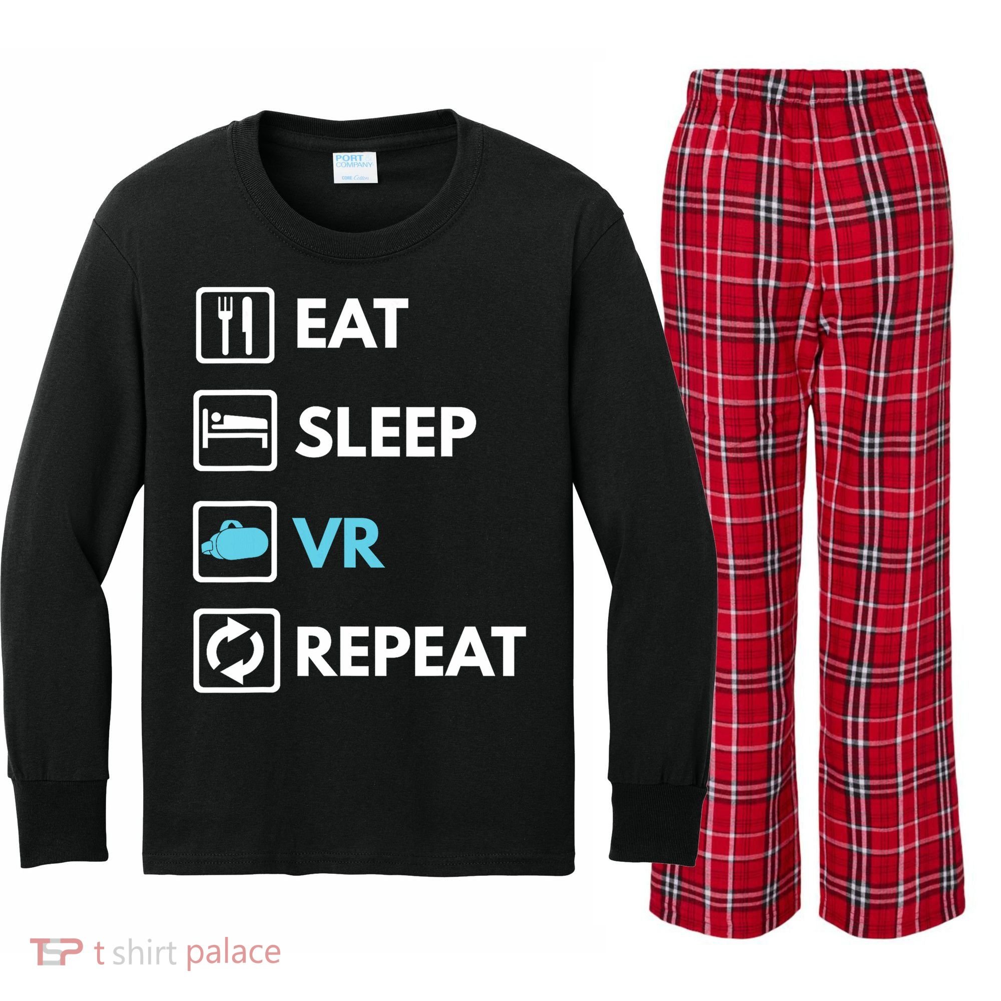 Eat Sleep Vr Repeat Funny Vr Gamer Boy Vr Athlete Kids Long Sleeve Plaid Pajama Set