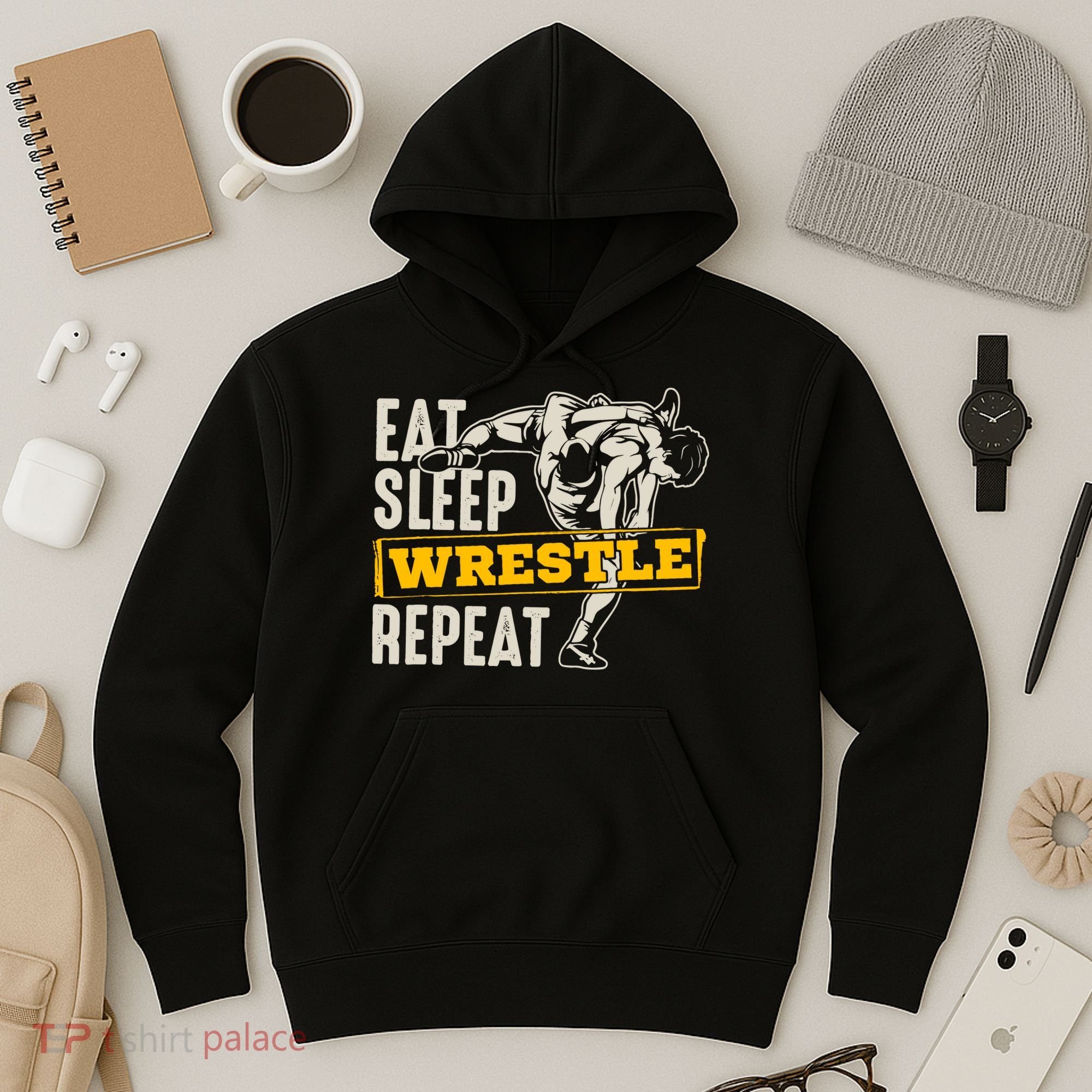 Eat Sleep Wrestle Repeat Funny Wrestling Gift Hoodie