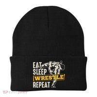 Eat Sleep Wrestle Repeat Funny Wrestling Gift Beanie thumb 0