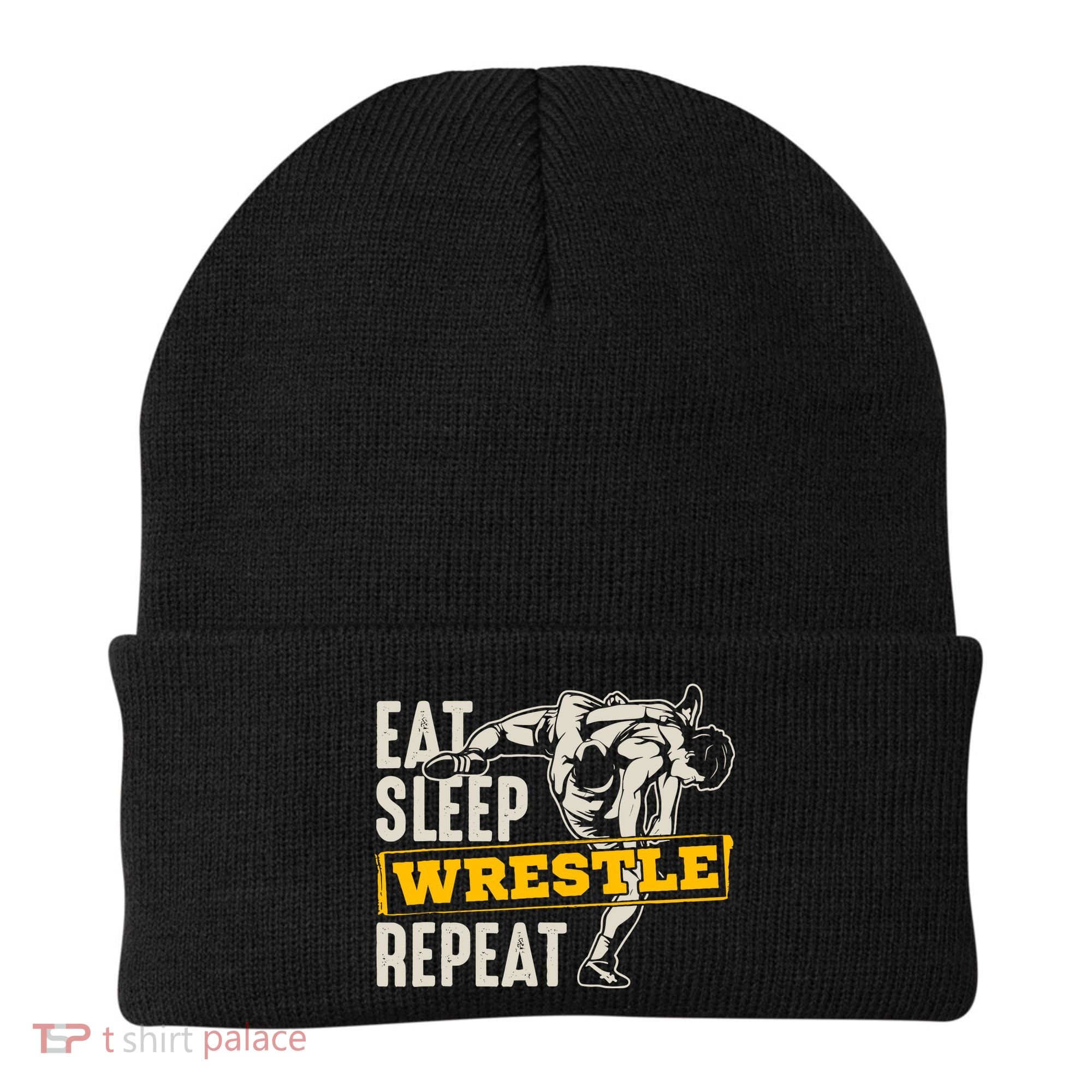Eat Sleep Wrestle Repeat Funny Wrestling Gift Beanie