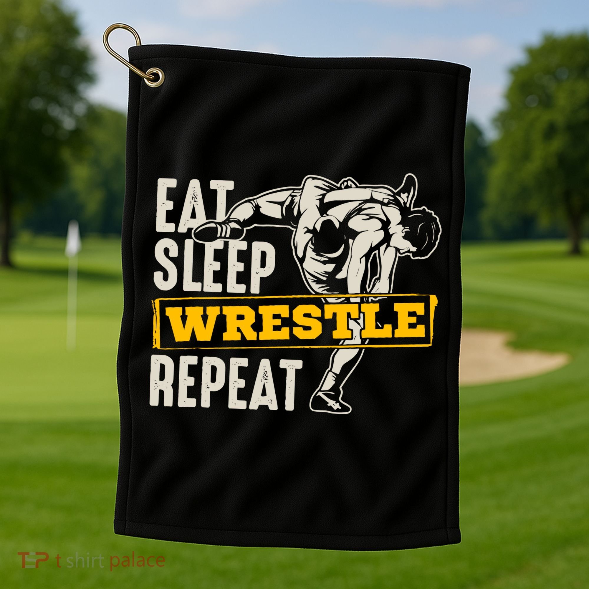 Eat Sleep Wrestle Repeat Funny Wrestling Gift Golf Towel