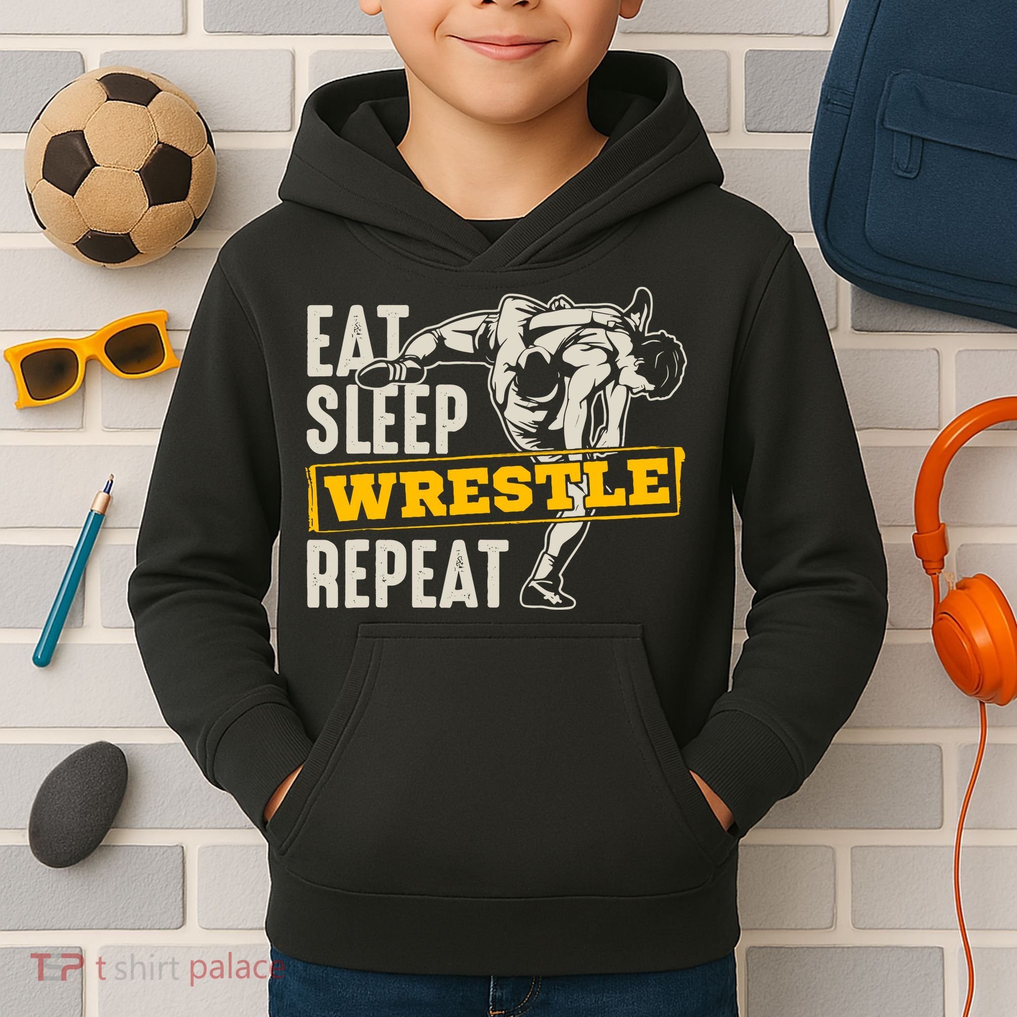 Eat Sleep Wrestle Repeat Funny Wrestling Gift Kids Hoodie