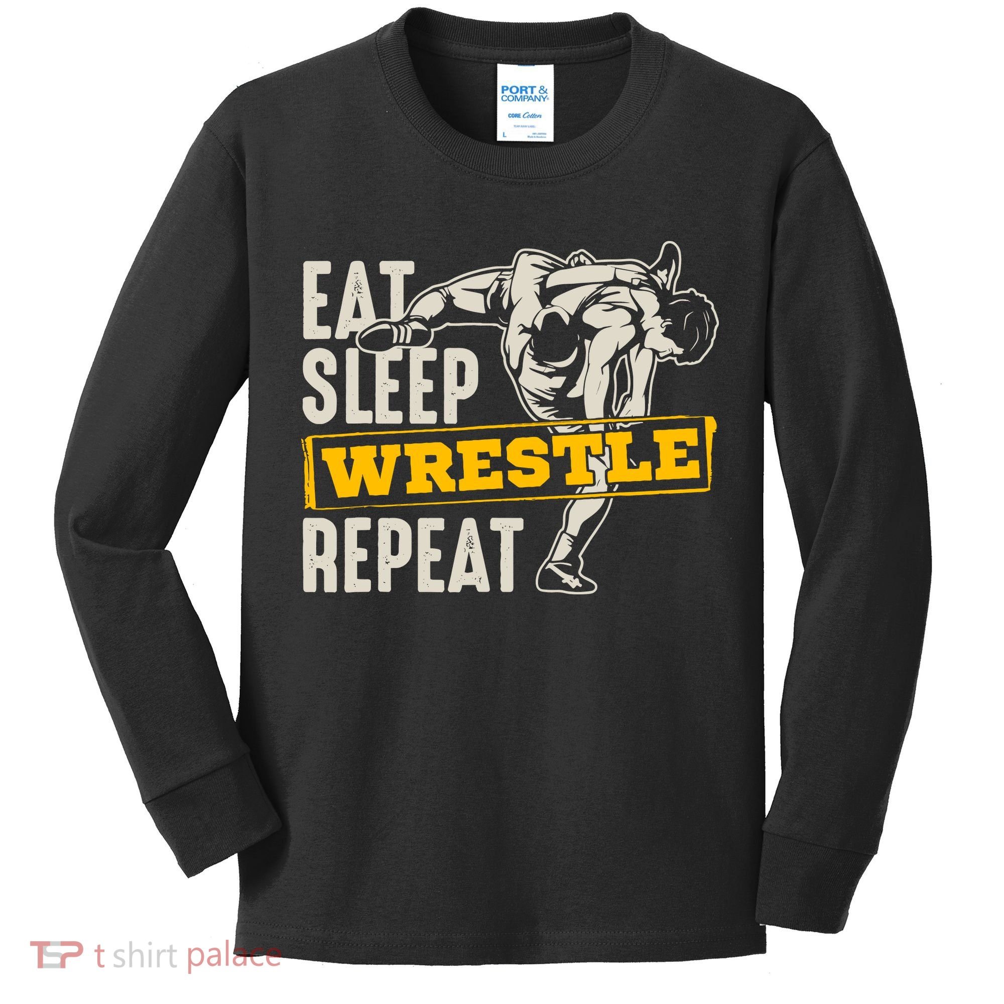 Eat Sleep Wrestle Repeat Funny Wrestling Gift Kids Long Sleeve Shirt