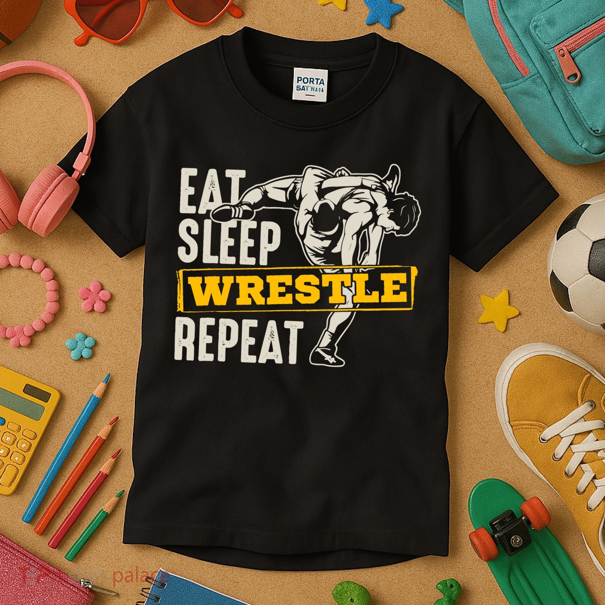 Eat Sleep Wrestle Repeat Funny Wrestling Gift Kids T-Shirt