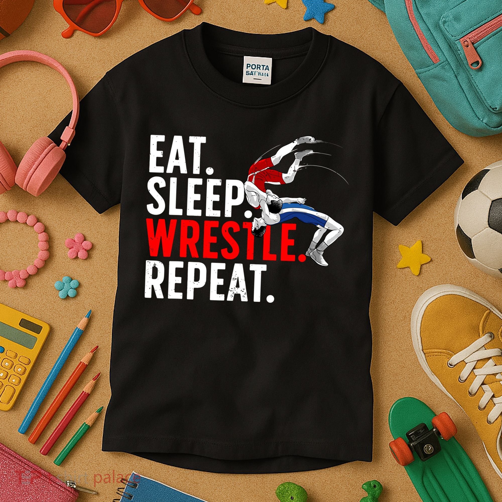 Eat Sleep Wrestle Repeat Kids T-Shirt