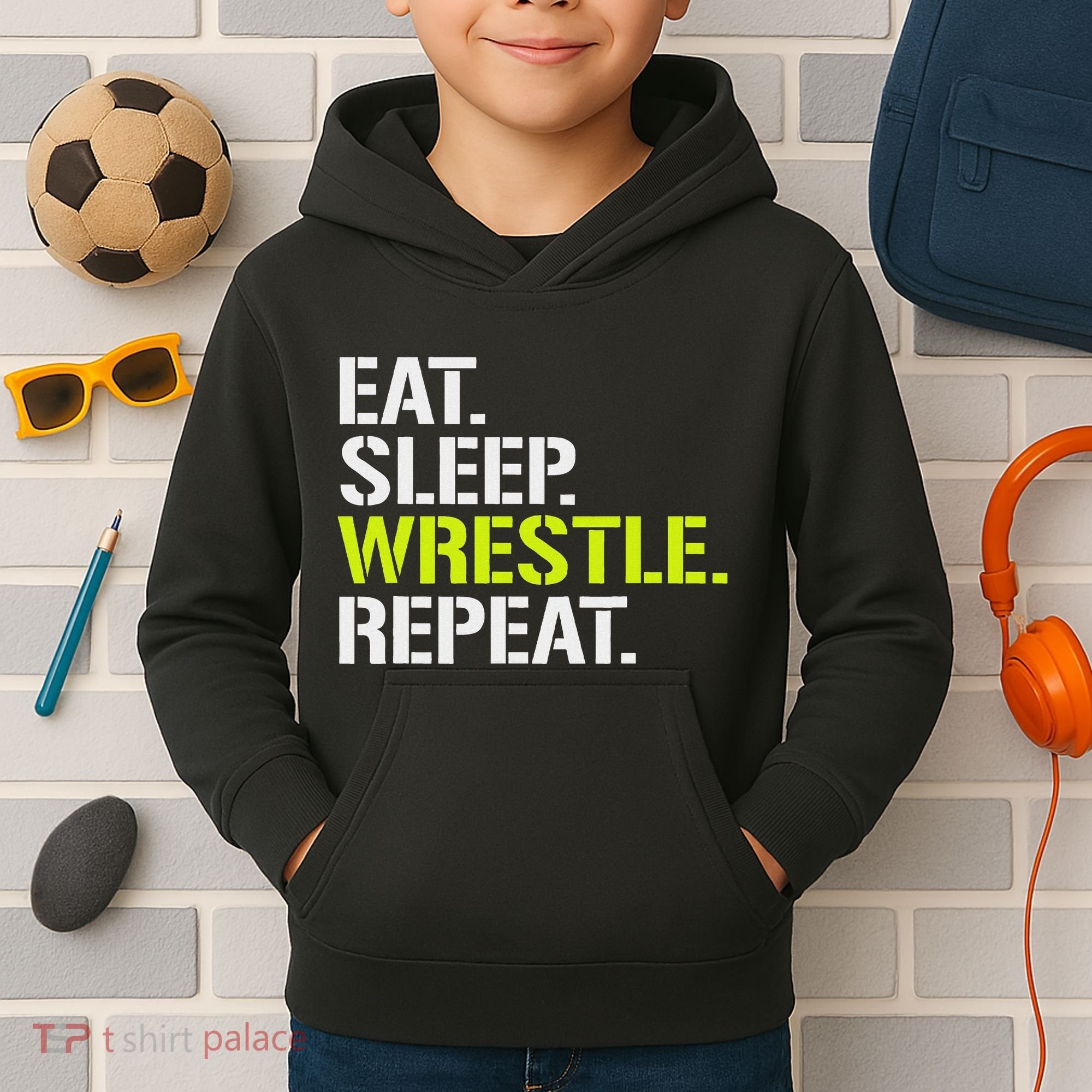 Eat Sleep Wrestle Repeat Cool Wrestling Kids Hoodie