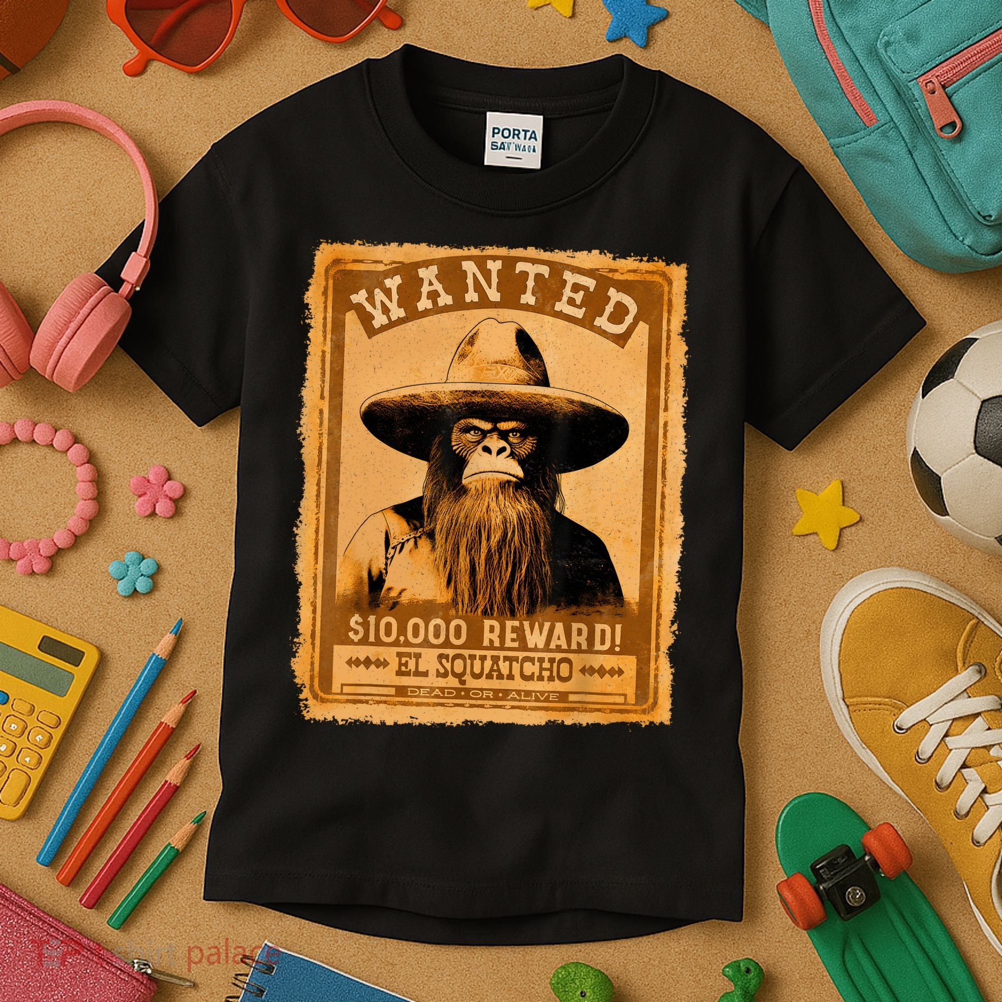 El Squatcho Wanted Poster – Western Bigfoot Funny Sasquatch Kids T-Shirt