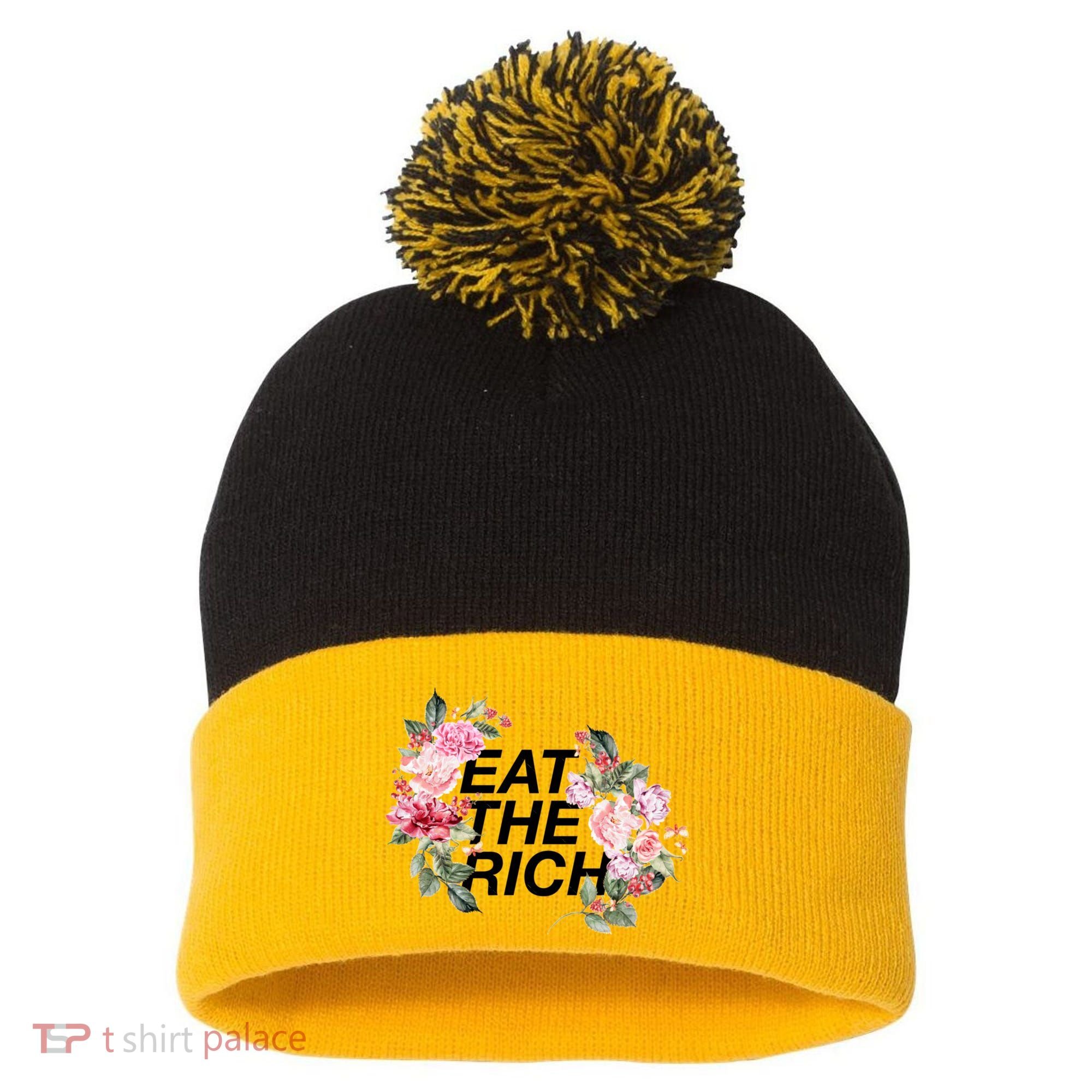 Eat The Rich Floral Pom Pom 12in Knit Beanie