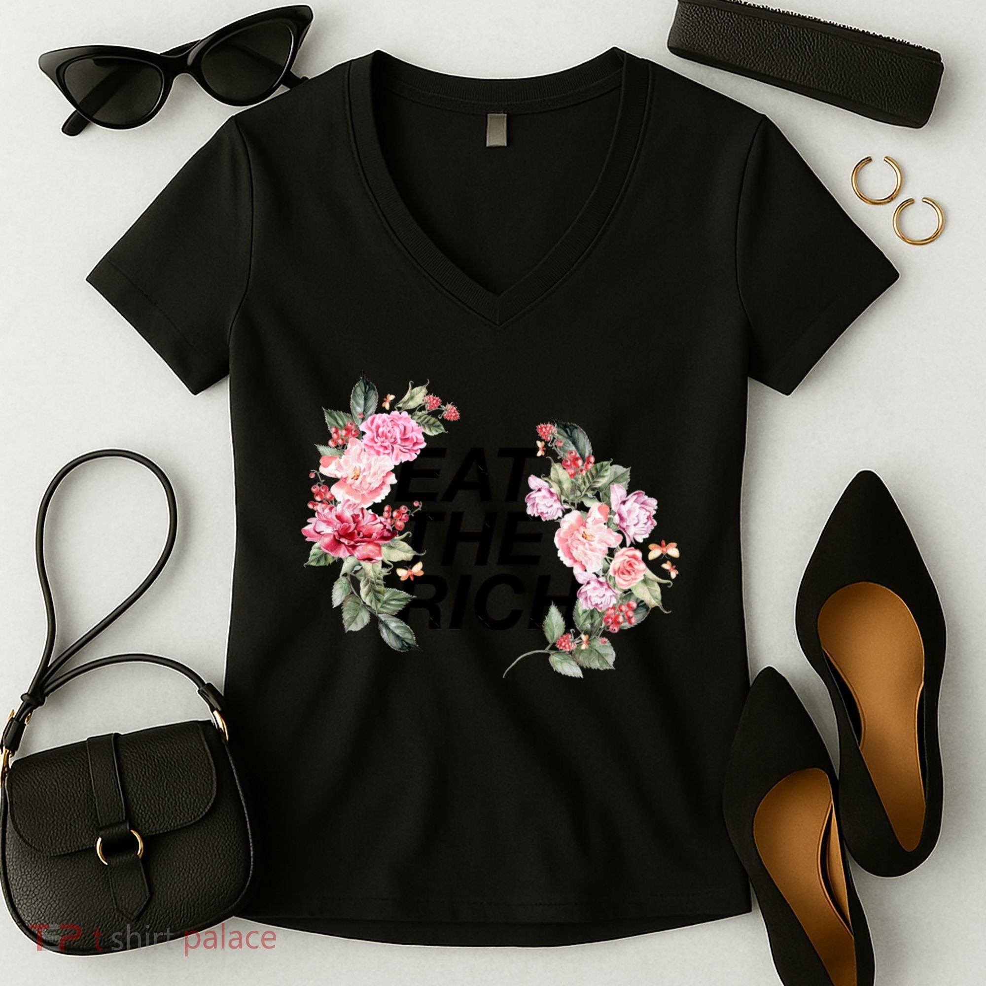 Eat The Rich Floral Women's V-Neck T-Shirt