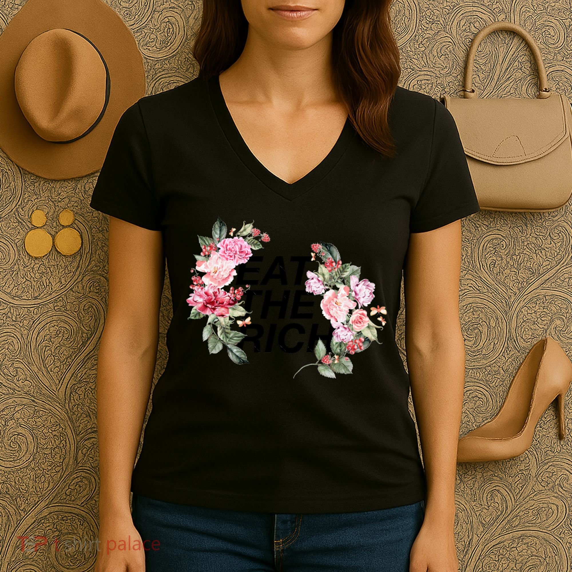 Eat The Rich Floral Women's V-Neck T-Shirt