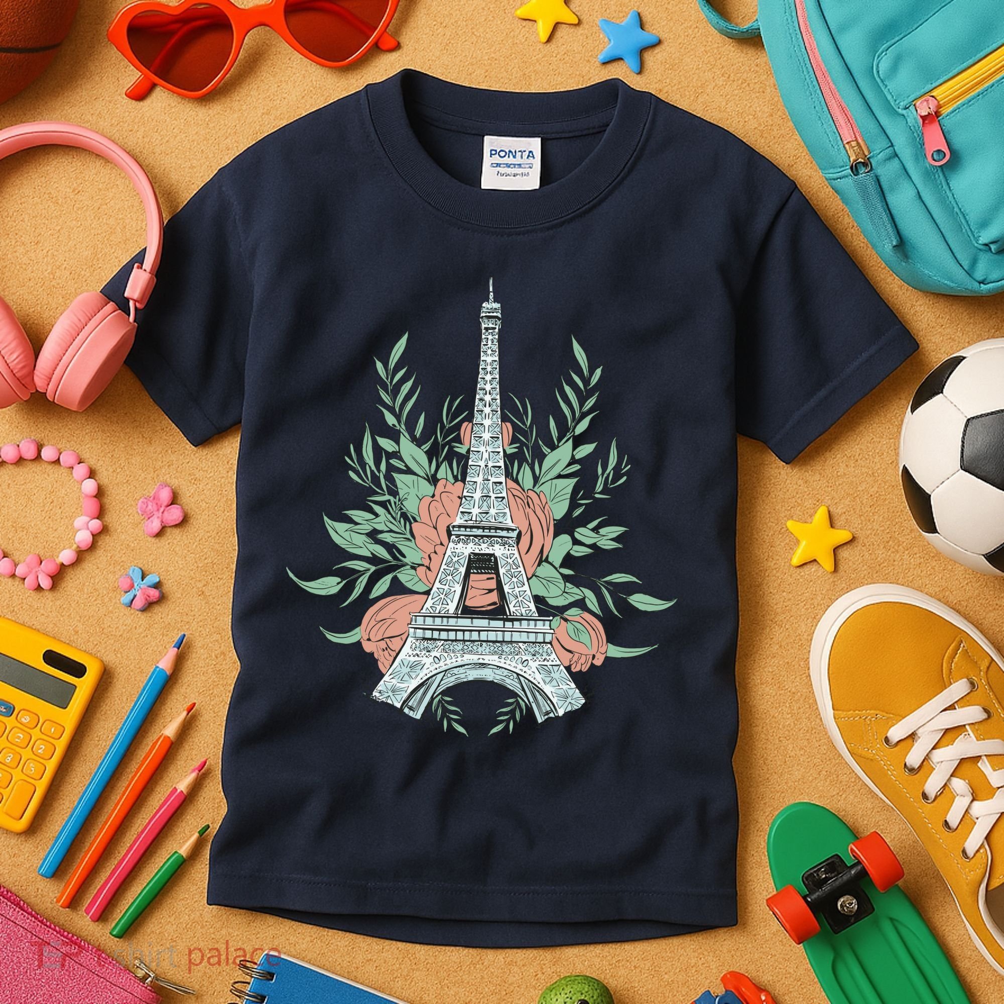 Eiffel Tower Rose Floral Kids T-Shirt