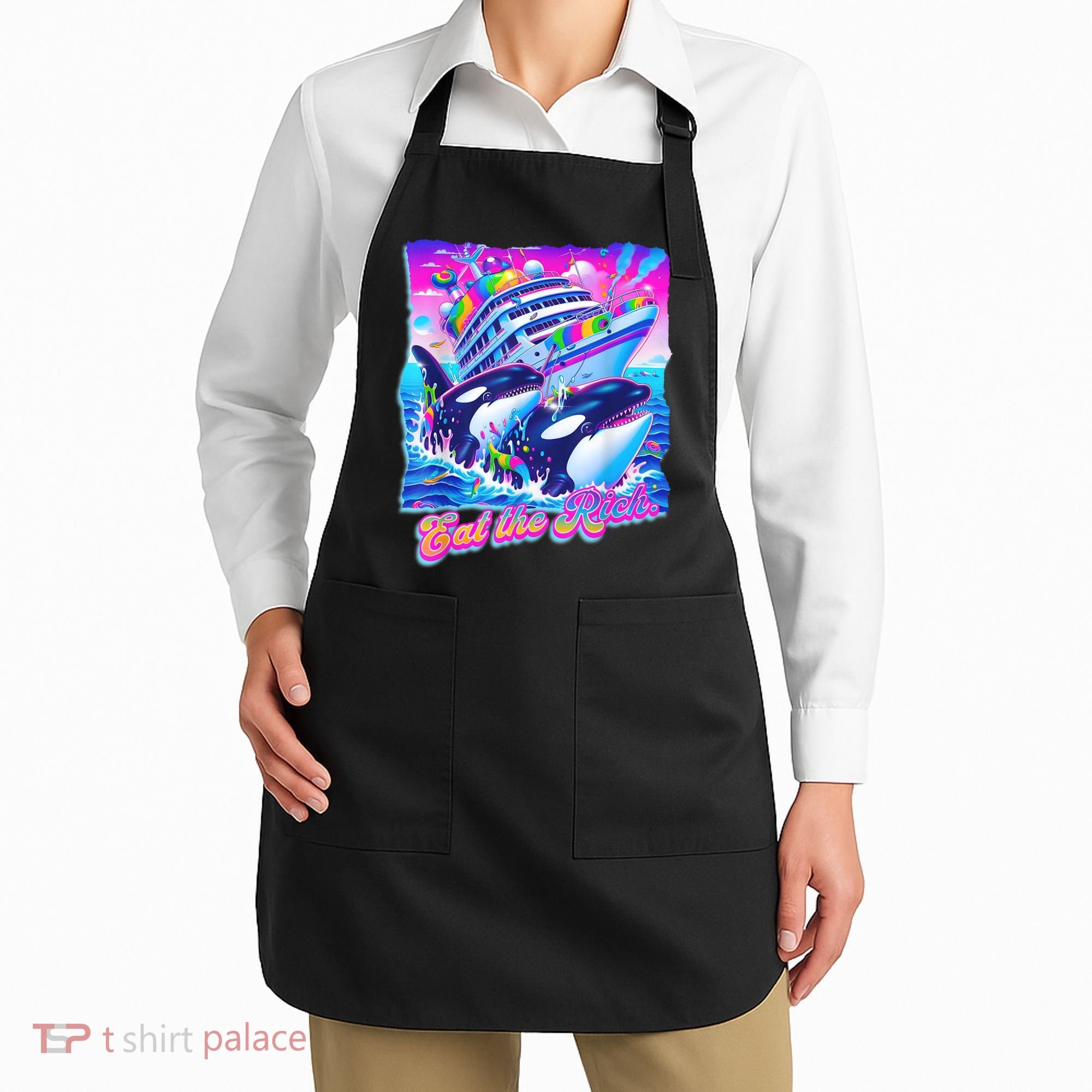 Eat The Rich Whale 90s Orca Funny Whale Animal Yacht Retro Apron