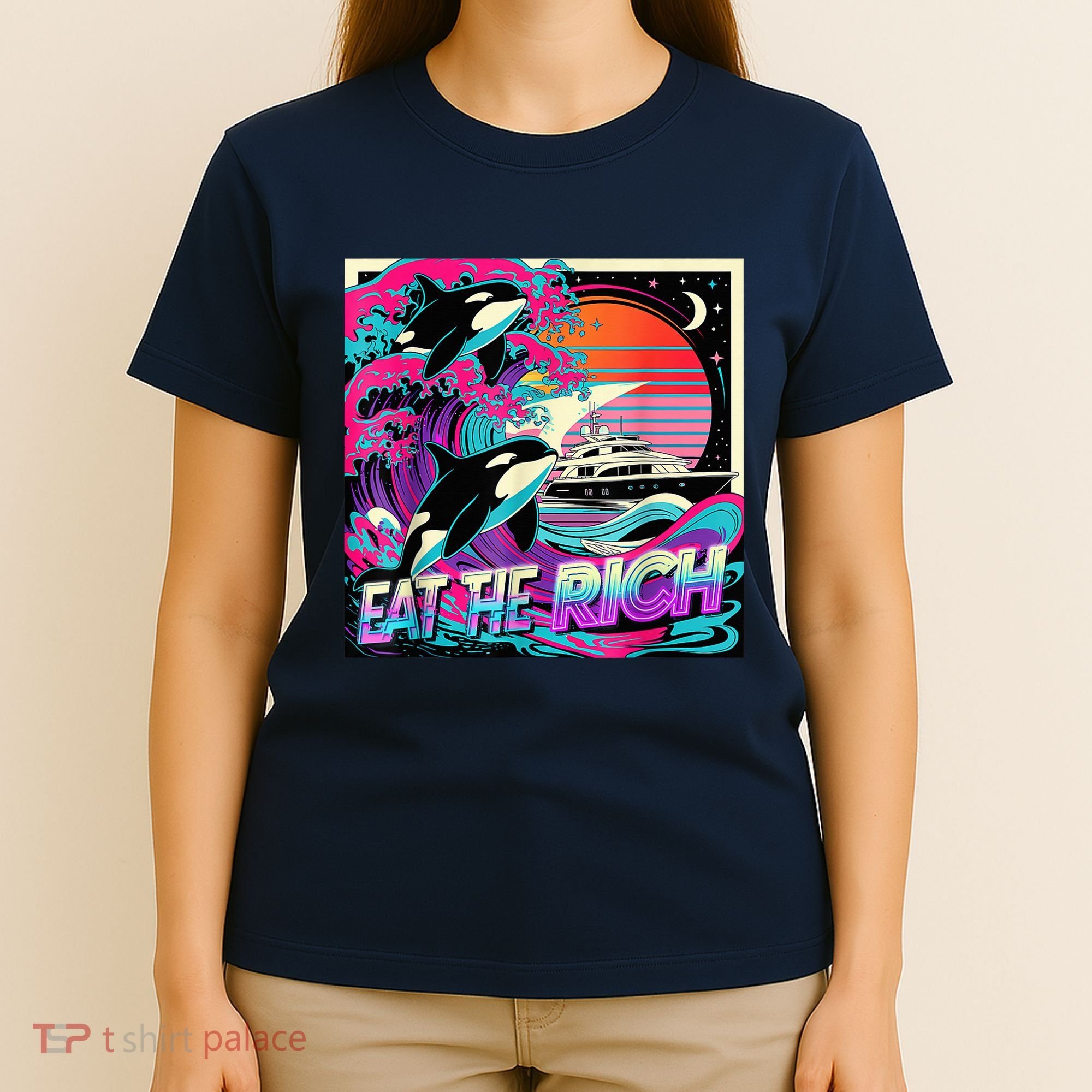 Eat The Rich Vintage Retro Sunset And Waving Style Ocean T-Shirt