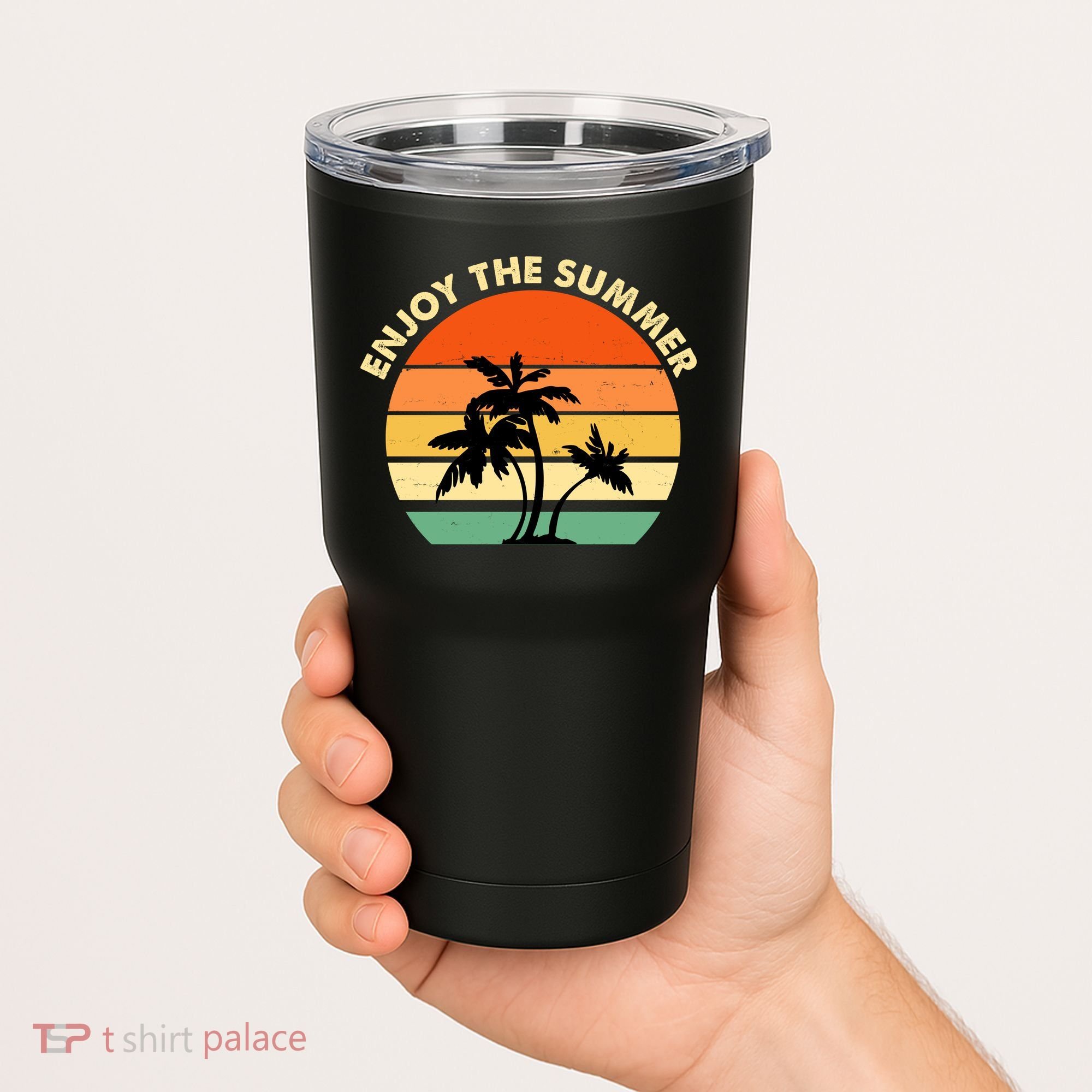 Enjoy The Summer Retro Sunset Palm Tree Tumbler