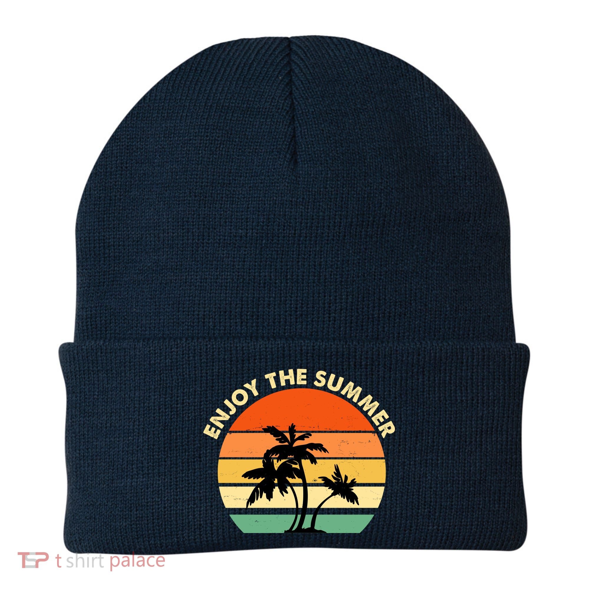 Enjoy The Summer Retro Sunset Palm Tree Beanie