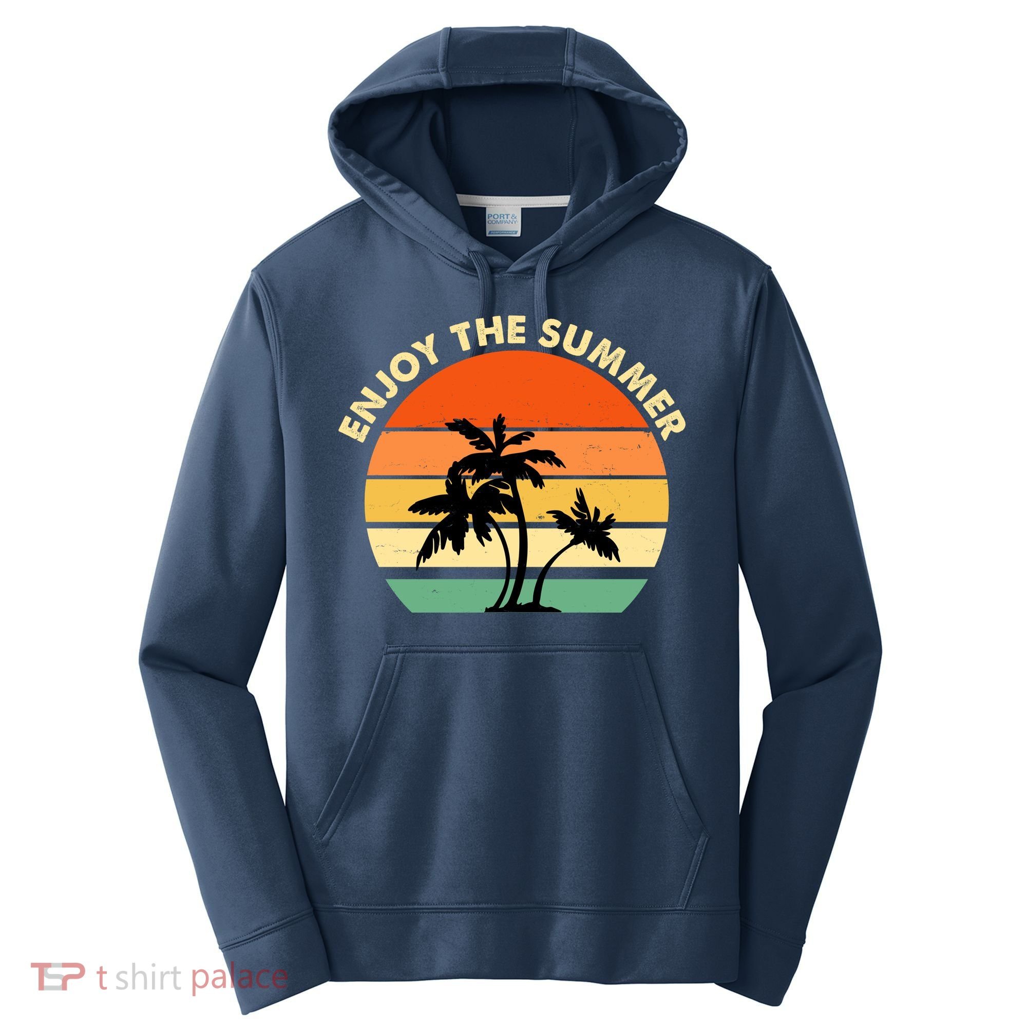 Enjoy The Summer Retro Sunset Palm Tree Performance Fleece Hoodie
