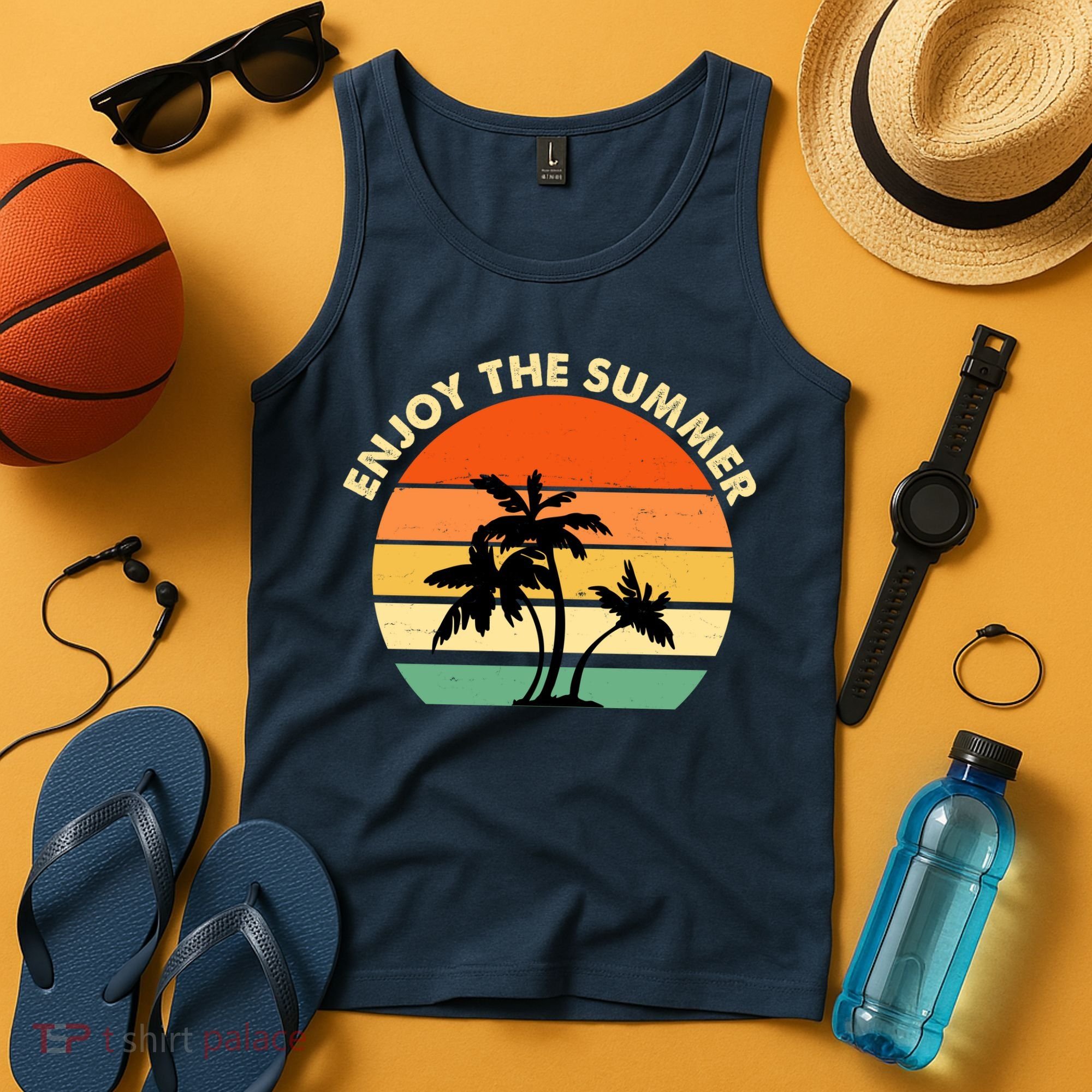 Enjoy The Summer Retro Sunset Palm Tree Tank Top