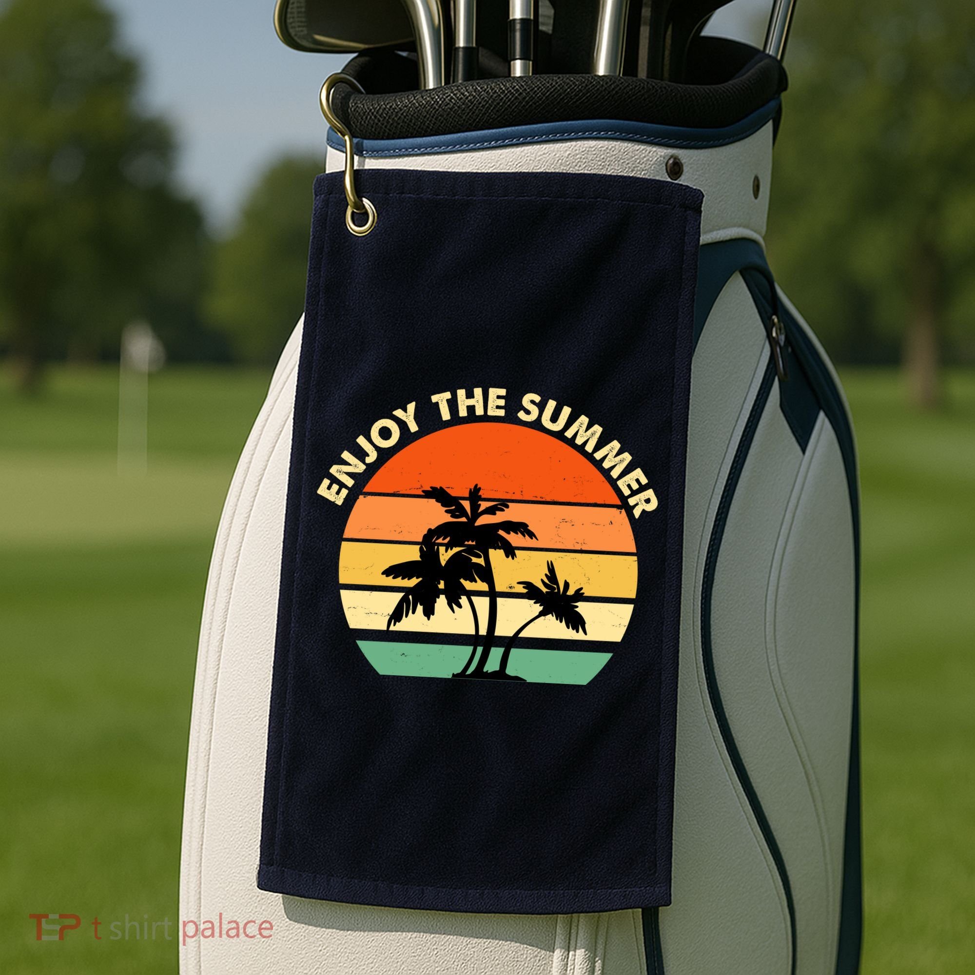 Enjoy The Summer Retro Sunset Palm Tree Golf Towel