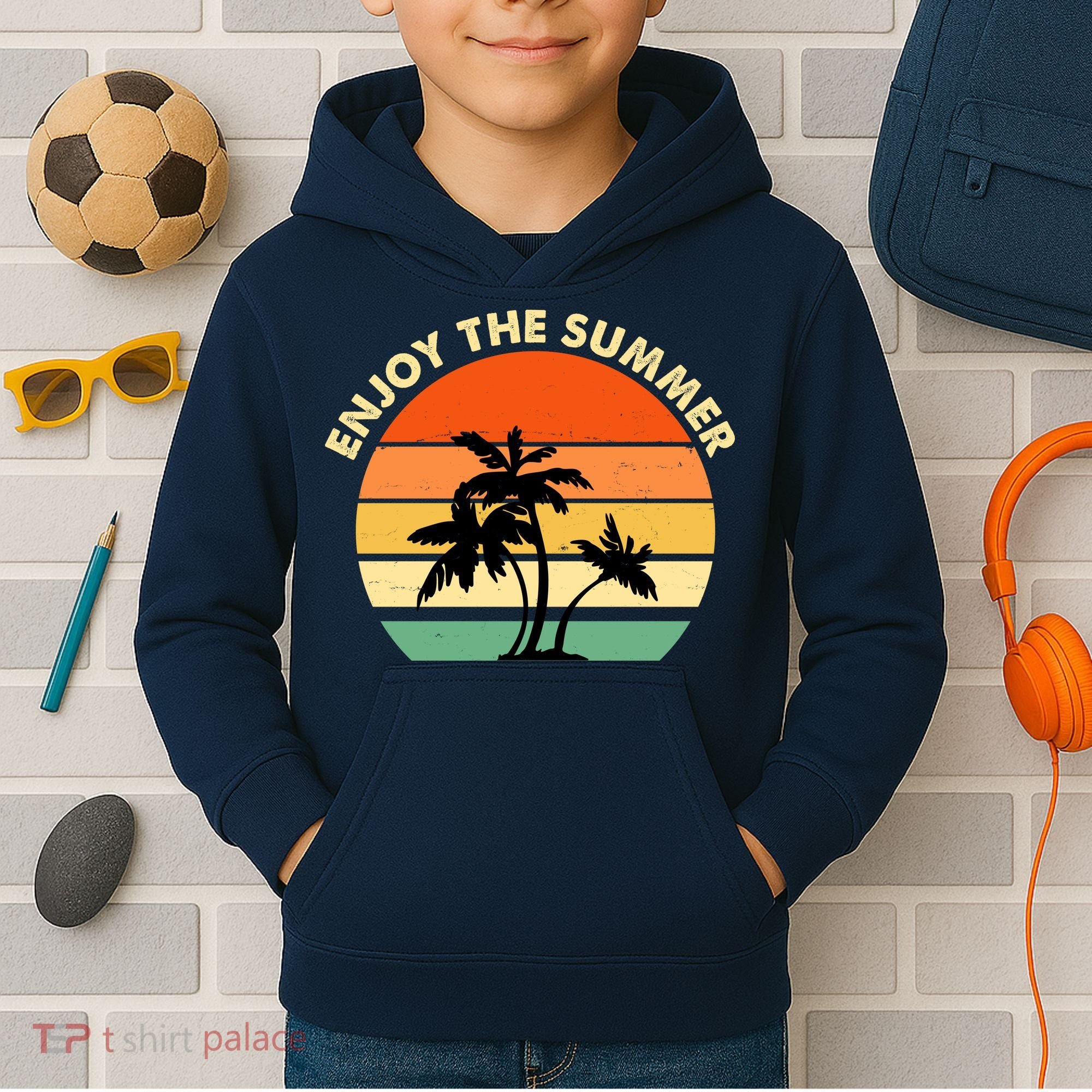 Enjoy The Summer Retro Sunset Palm Tree Kids Hoodie
