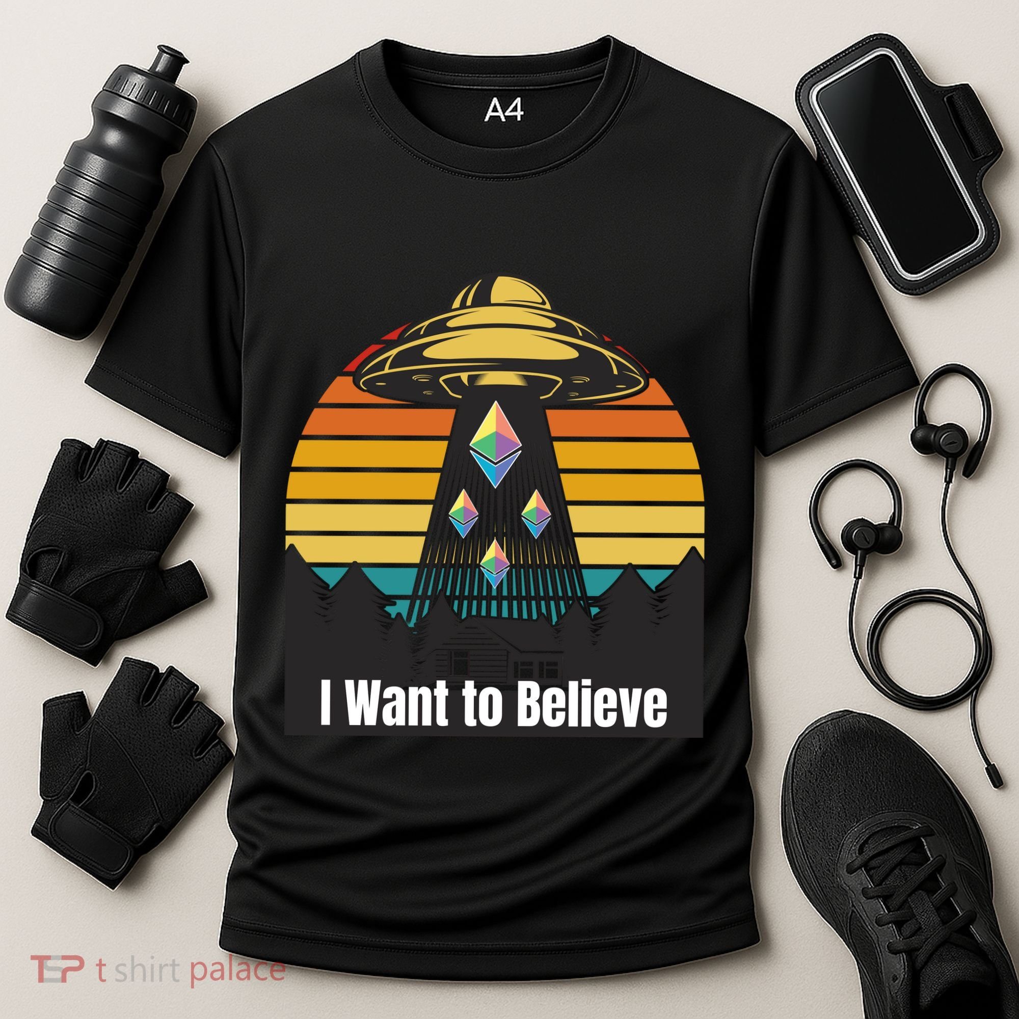 Ethereum UFO Encounter Retro Sunset, I Want To Believe Crypto Cooling Performance Crew T-Shirt