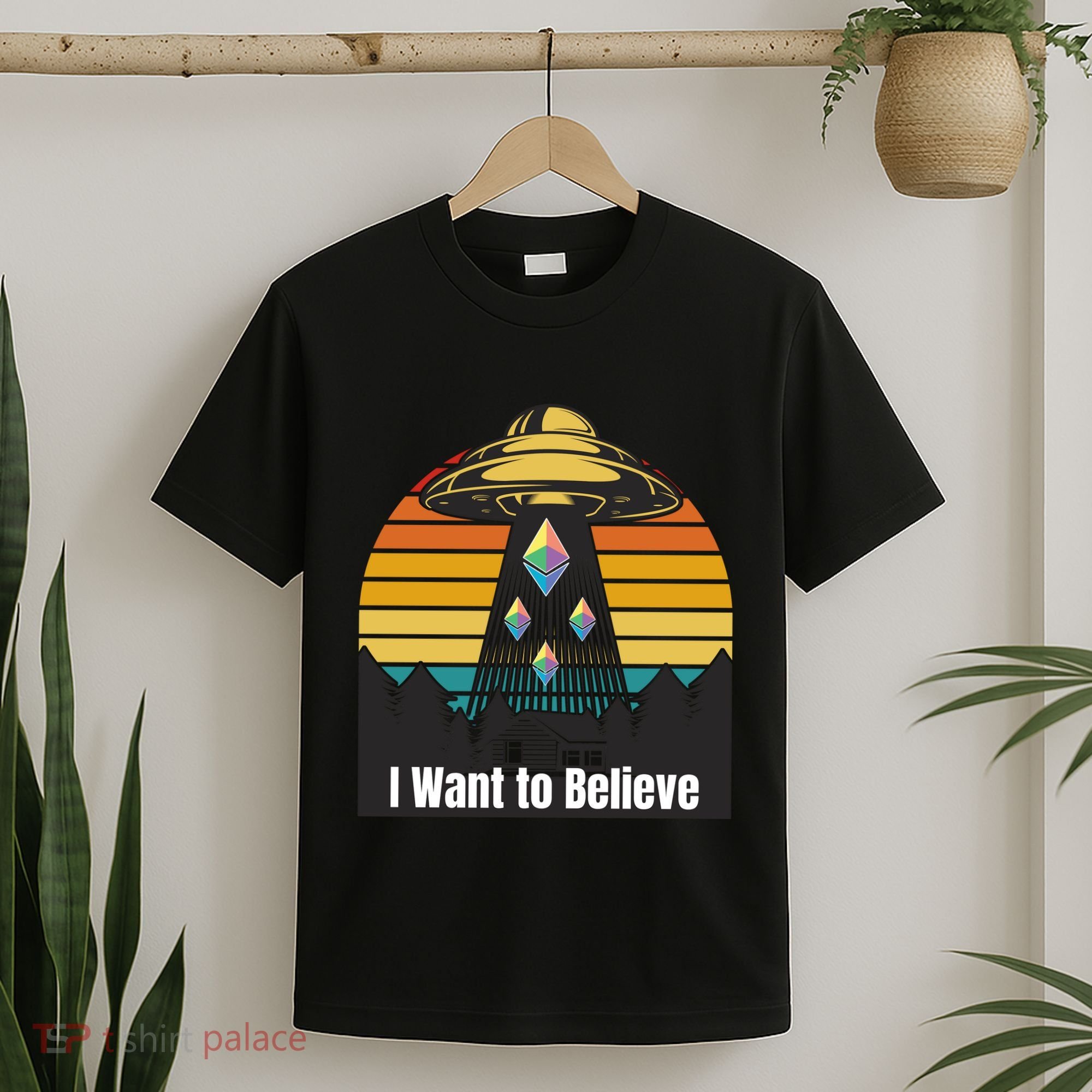 Ethereum UFO Encounter Retro Sunset, I Want To Believe Crypto T-Shirt
