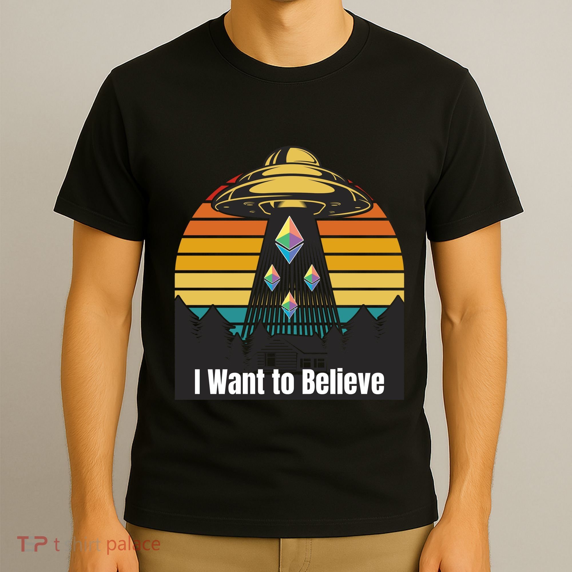 Ethereum UFO Encounter Retro Sunset, I Want To Believe Crypto T-Shirt