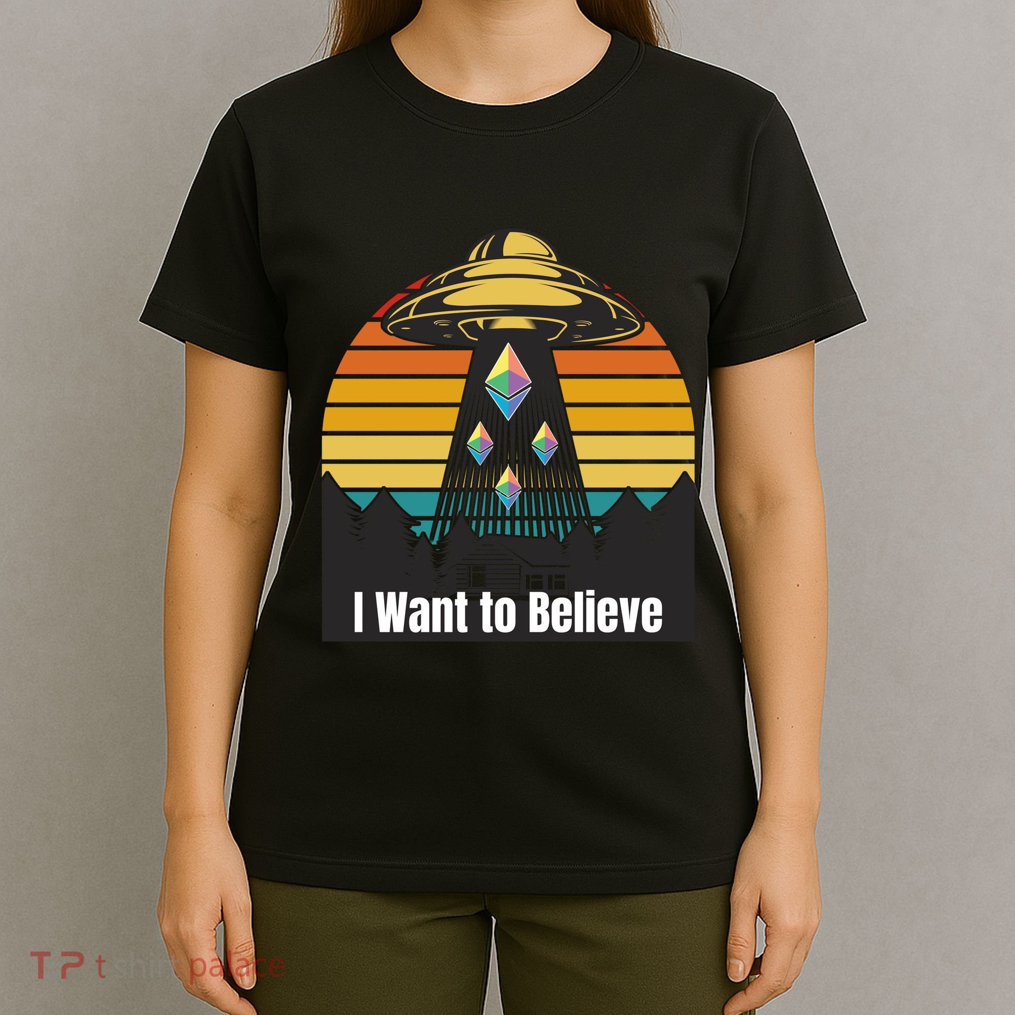 Ethereum UFO Encounter Retro Sunset, I Want To Believe Crypto T-Shirt