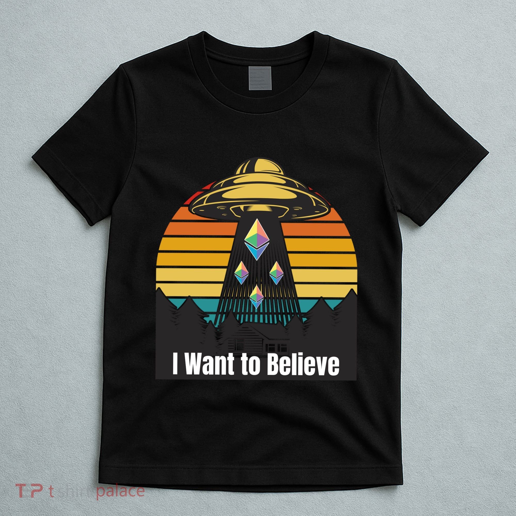 Ethereum UFO Encounter Retro Sunset, I Want To Believe Crypto T-Shirt