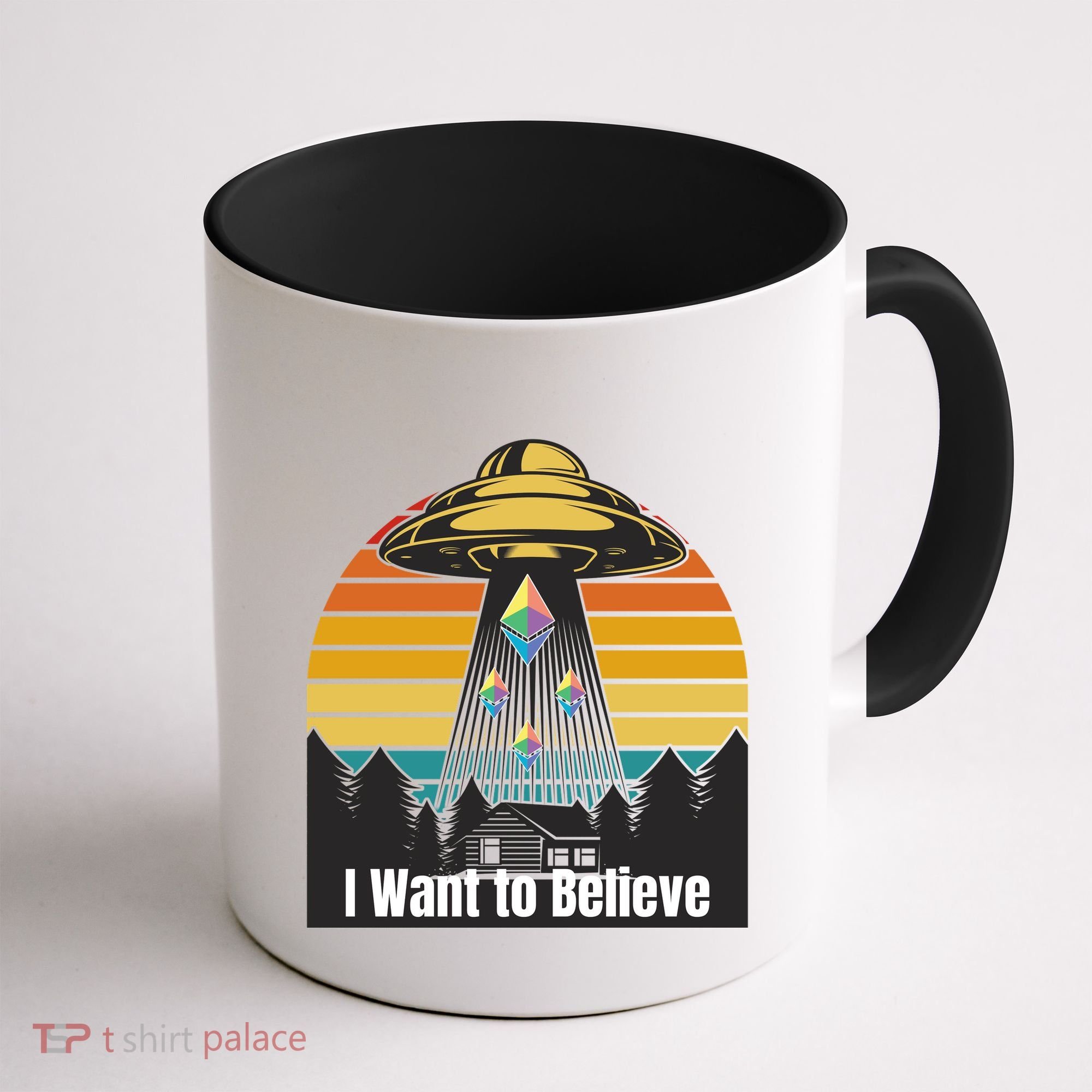Ethereum UFO Encounter Retro Sunset, I Want To Believe Crypto Coffee Mug