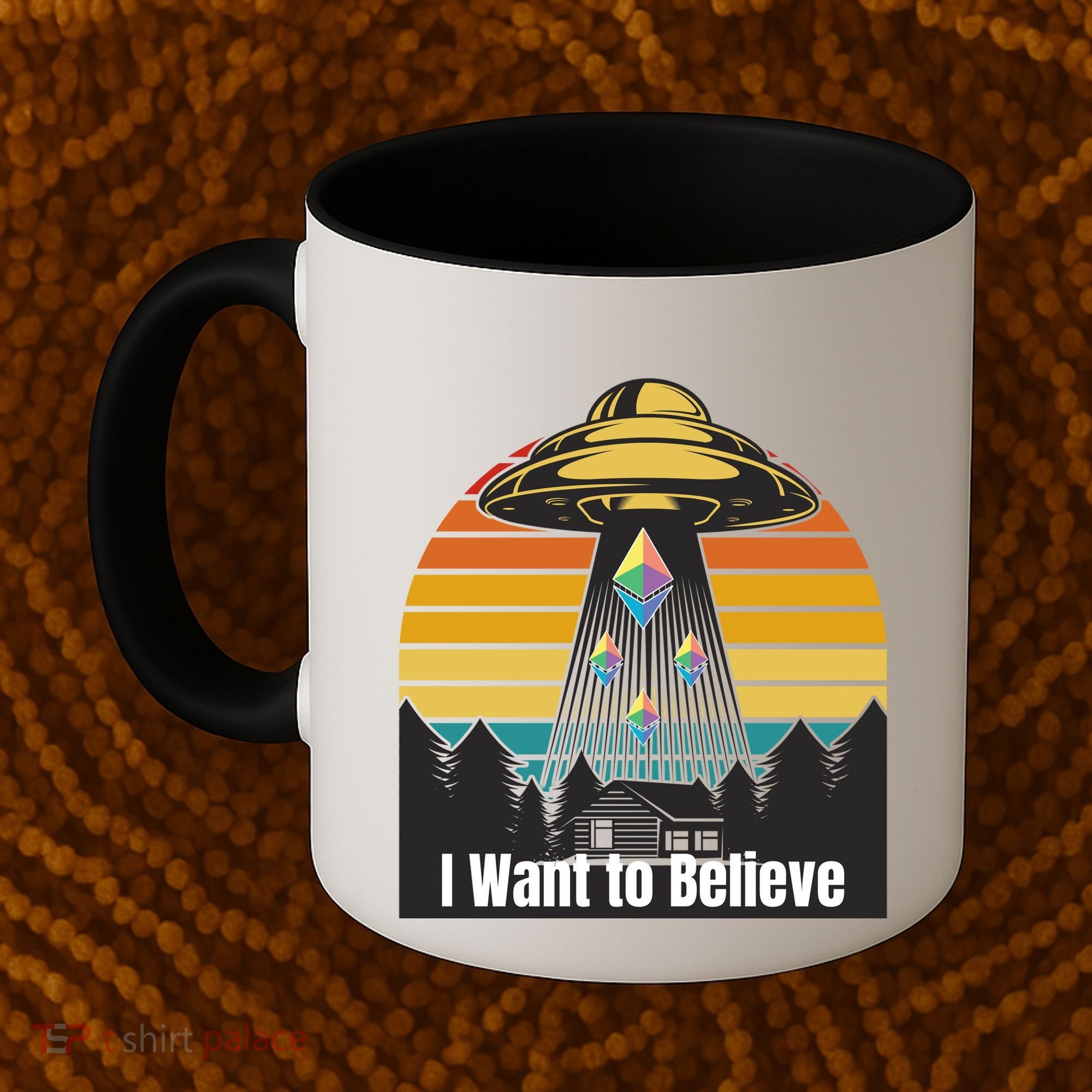 Ethereum UFO Encounter Retro Sunset, I Want To Believe Crypto Coffee Mug