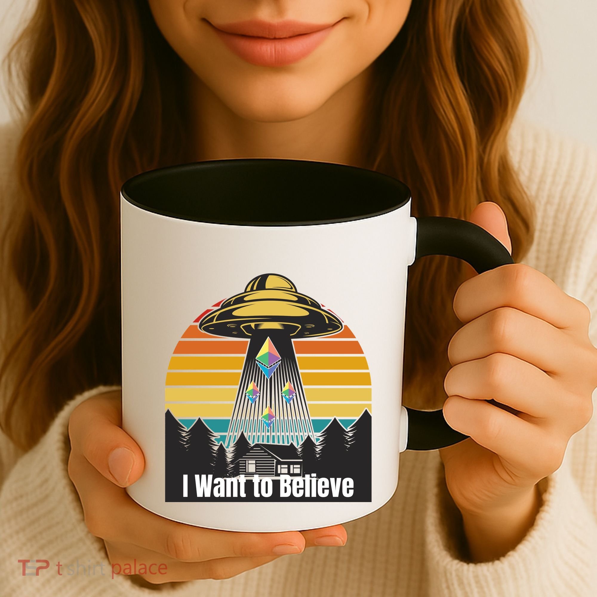 Ethereum UFO Encounter Retro Sunset, I Want To Believe Crypto Coffee Mug