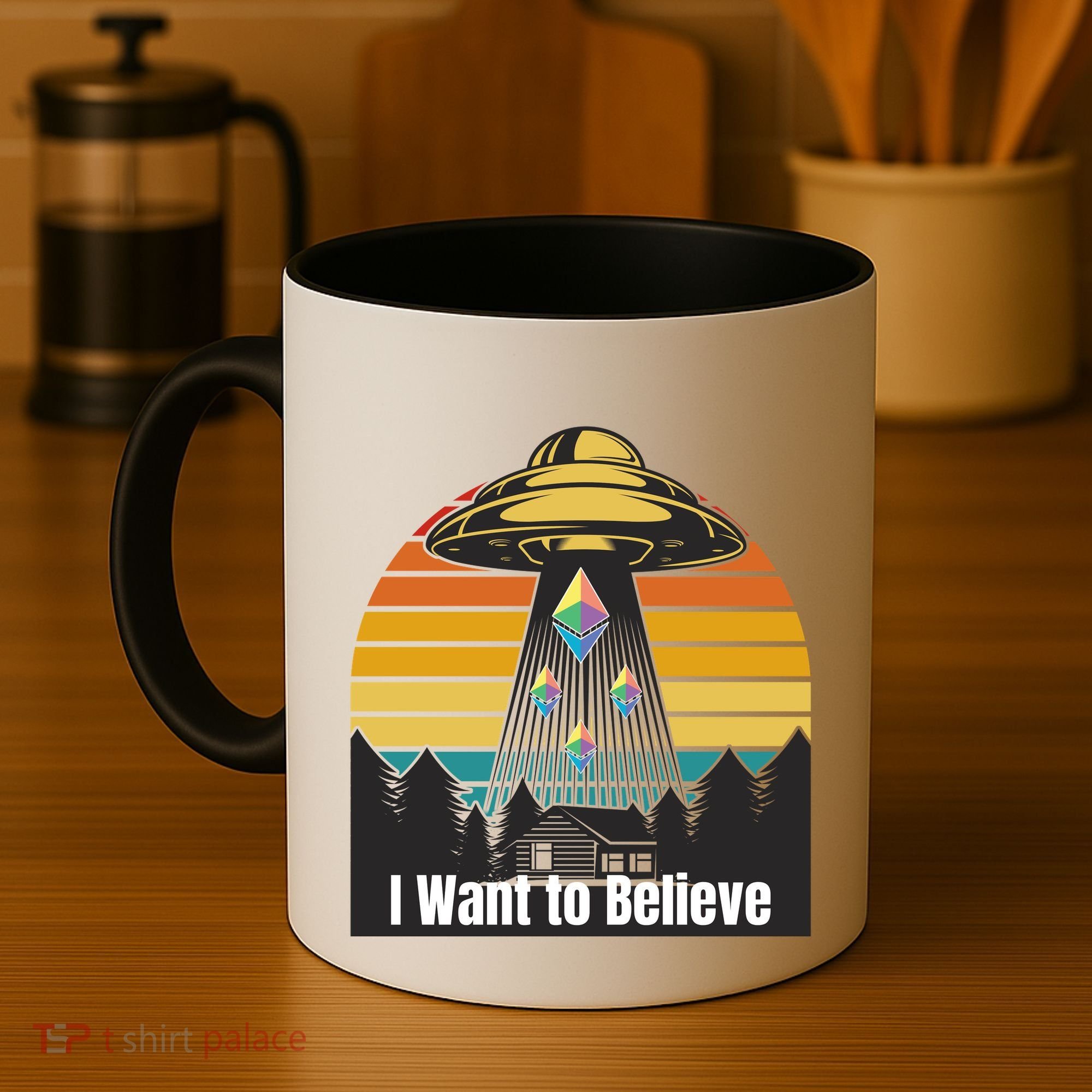 Ethereum UFO Encounter Retro Sunset, I Want To Believe Crypto Coffee Mug