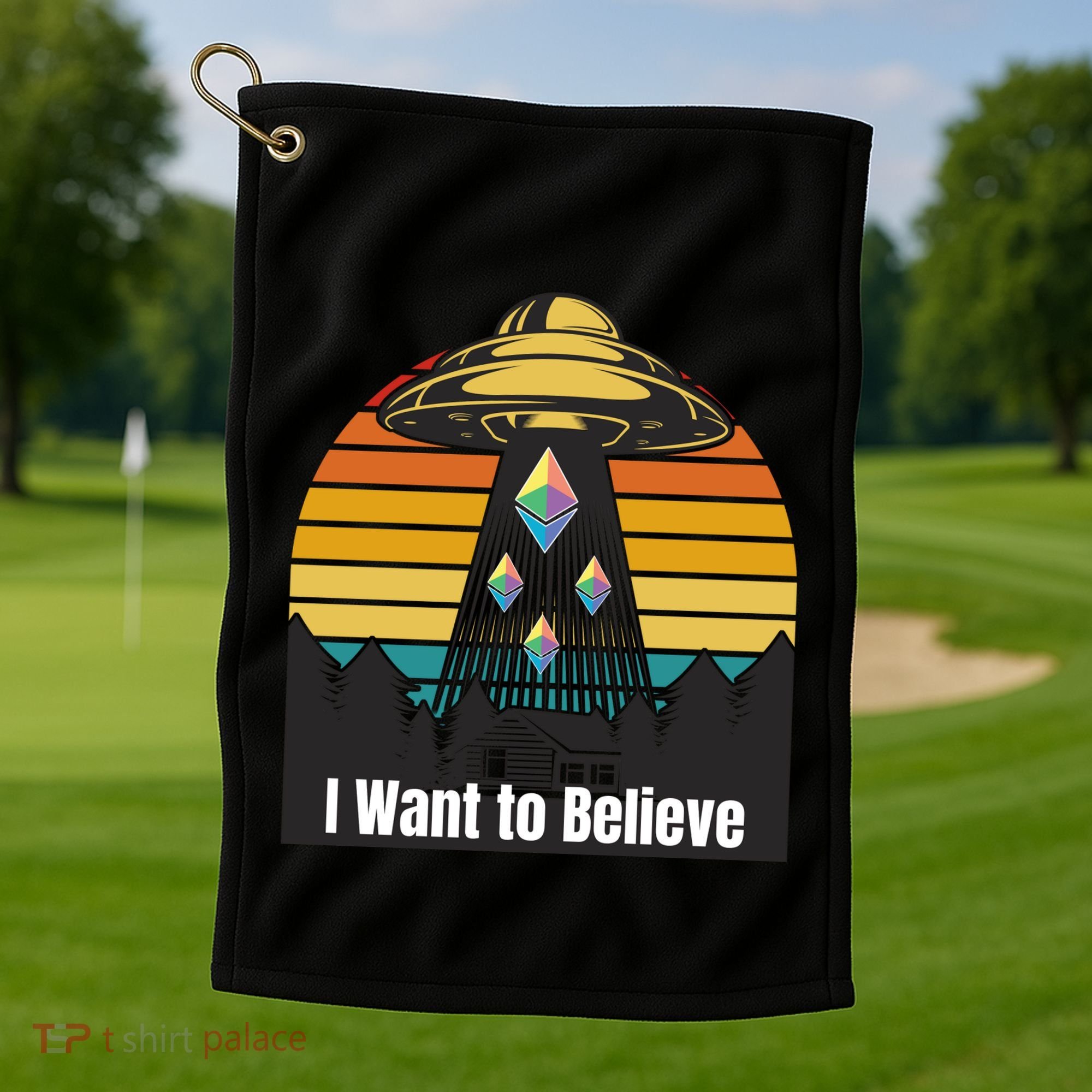 Ethereum UFO Encounter Retro Sunset, I Want To Believe Crypto Golf Towel