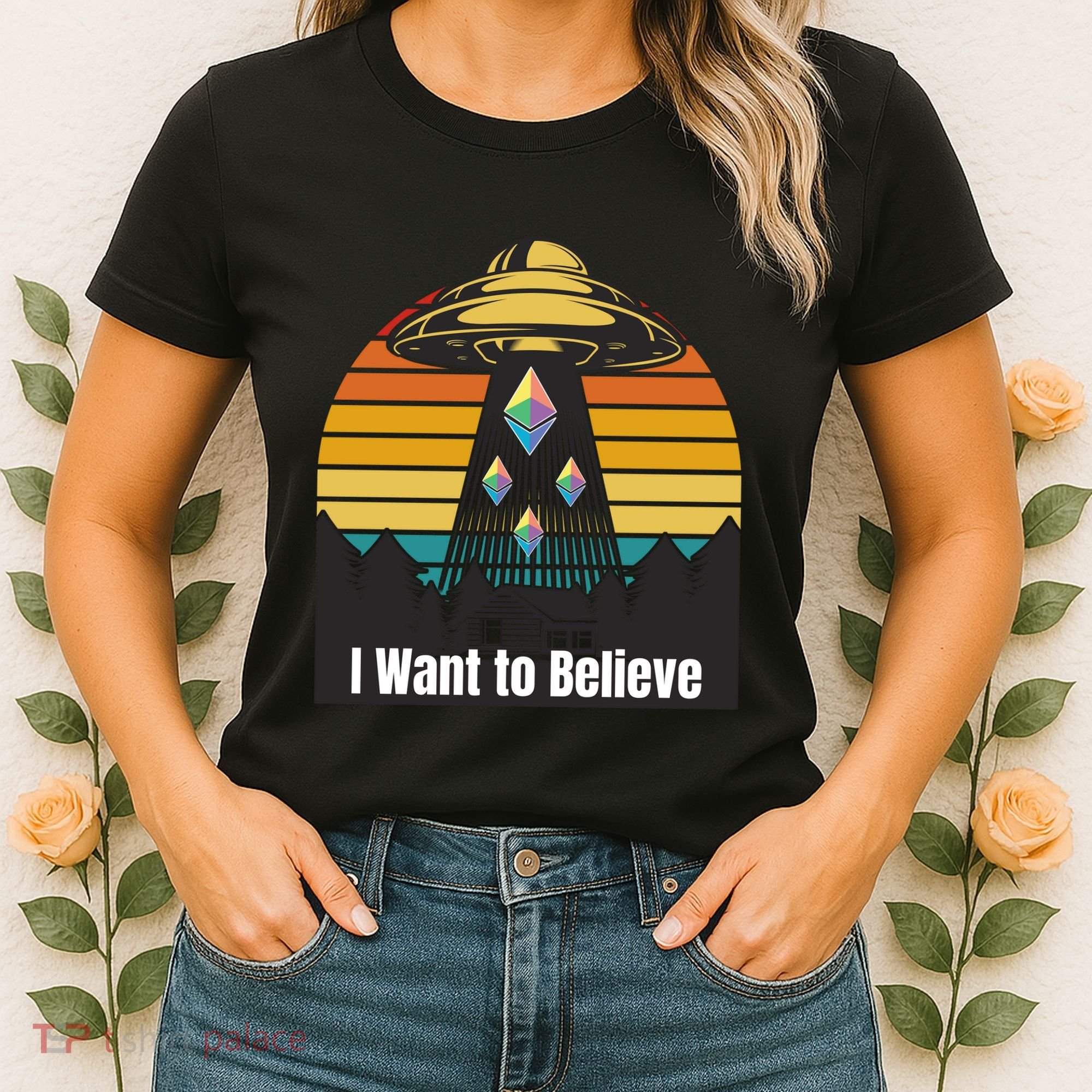 Ethereum UFO Encounter Retro Sunset, I Want To Believe Crypto Women's T-Shirt