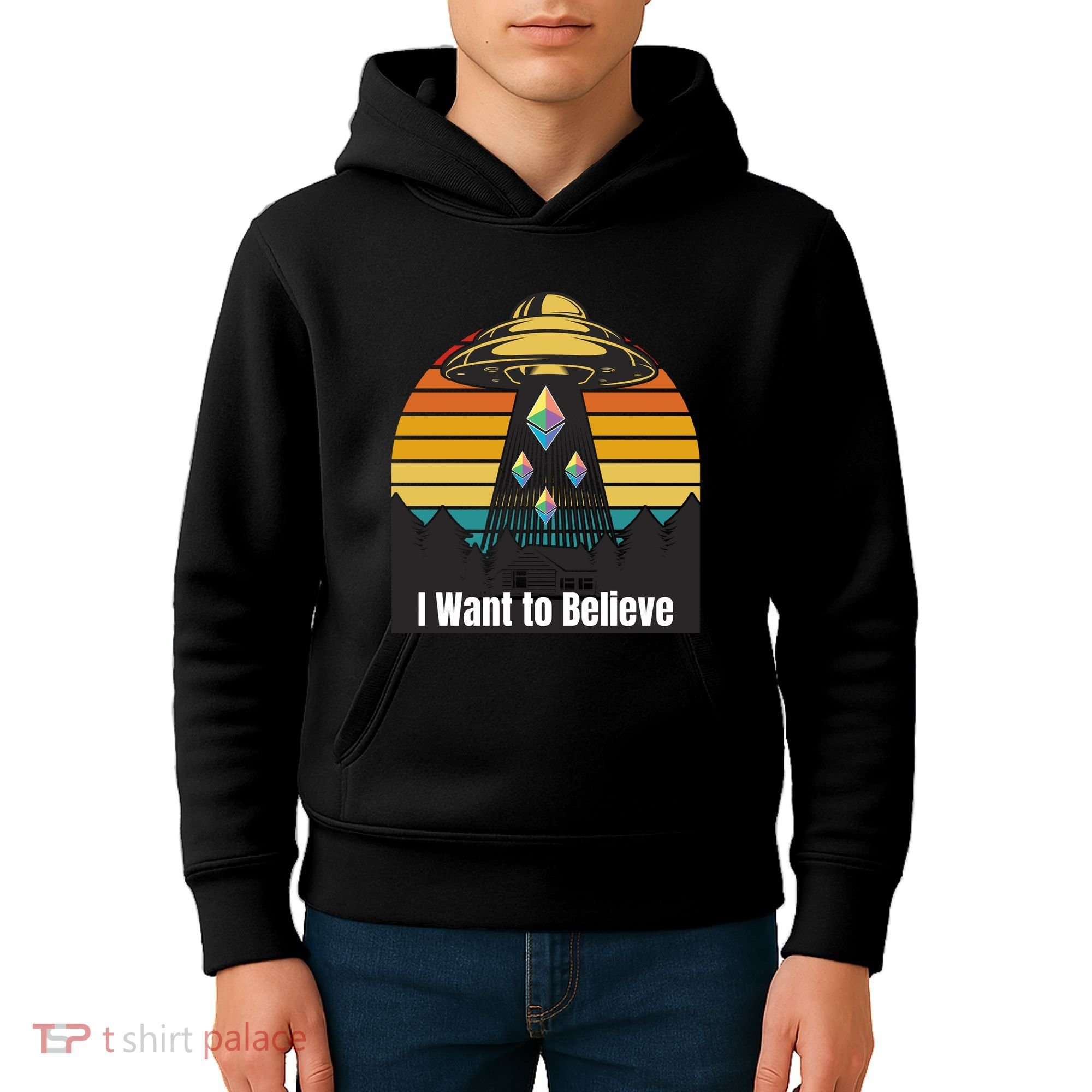 Ethereum UFO Encounter Retro Sunset, I Want To Believe Crypto Kids Hoodie
