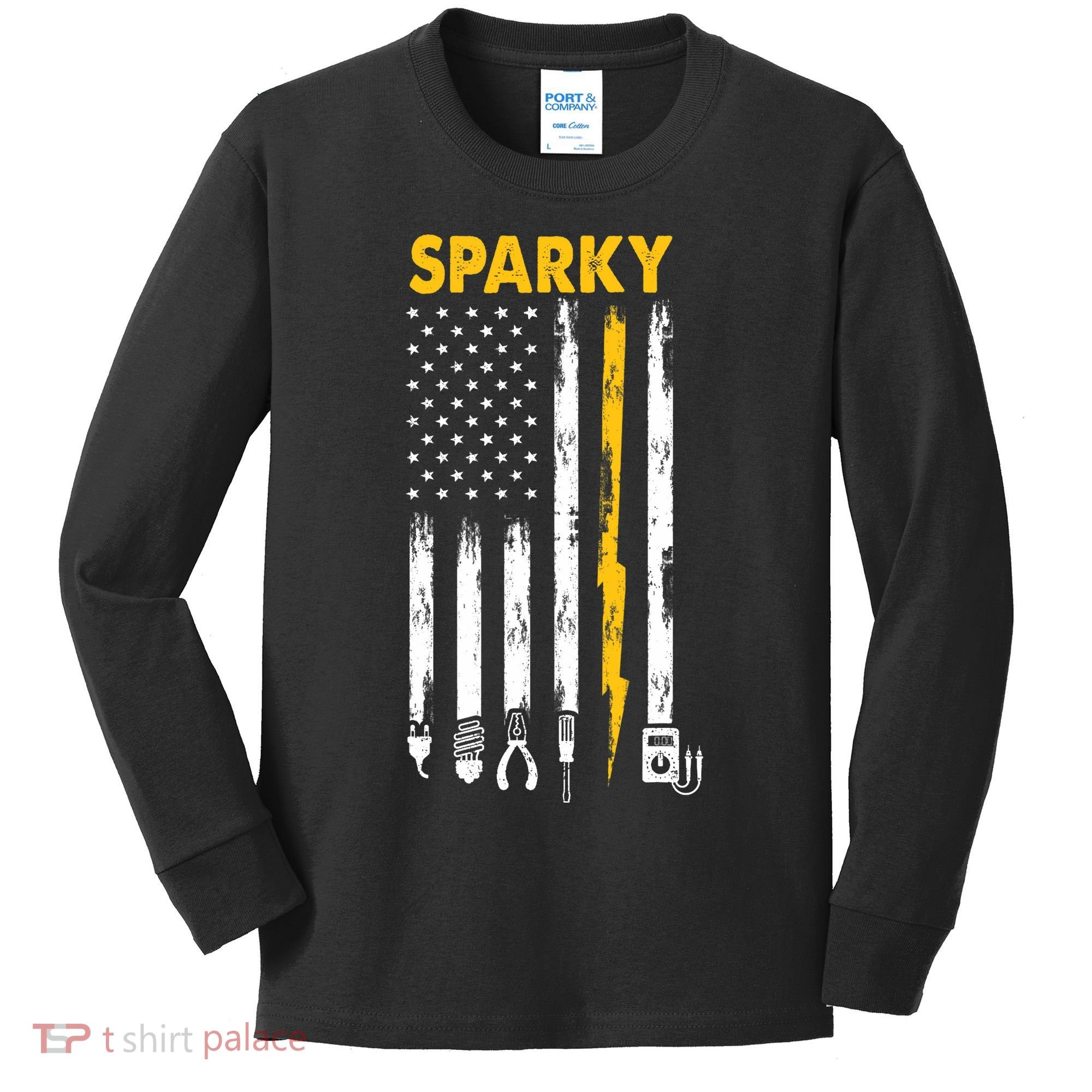 Electrician US Flag Sparky Tools Kids Long Sleeve Shirt