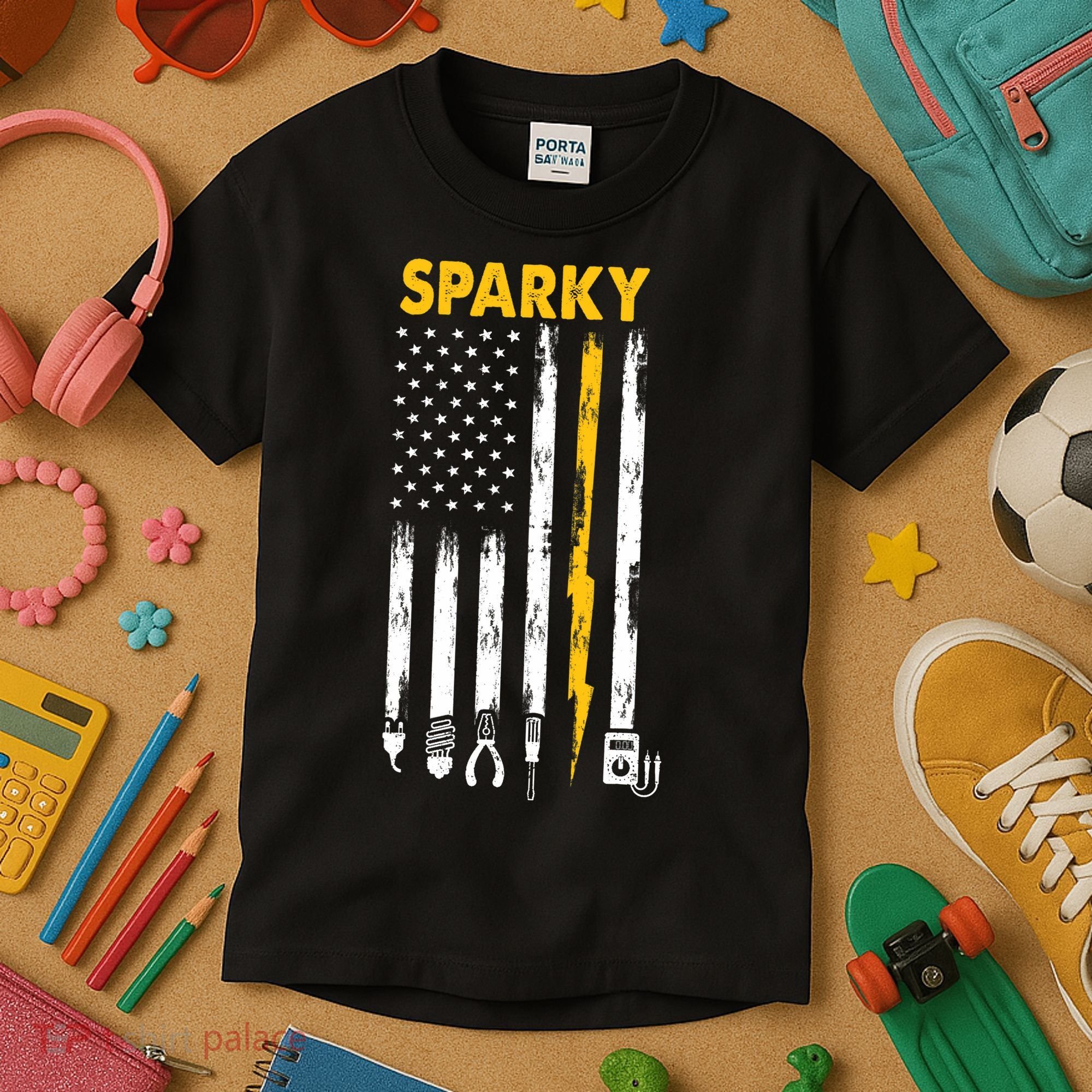 Electrician US Flag Sparky Tools Kids T-Shirt