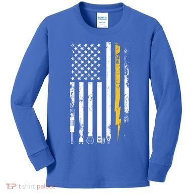 Electrician Us Flag Electricians Tools Cute Gift Kids Long Sleeve Shirt