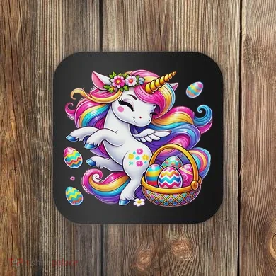 Easter Unicorn With Eggs Happy Easter Cute Coaster