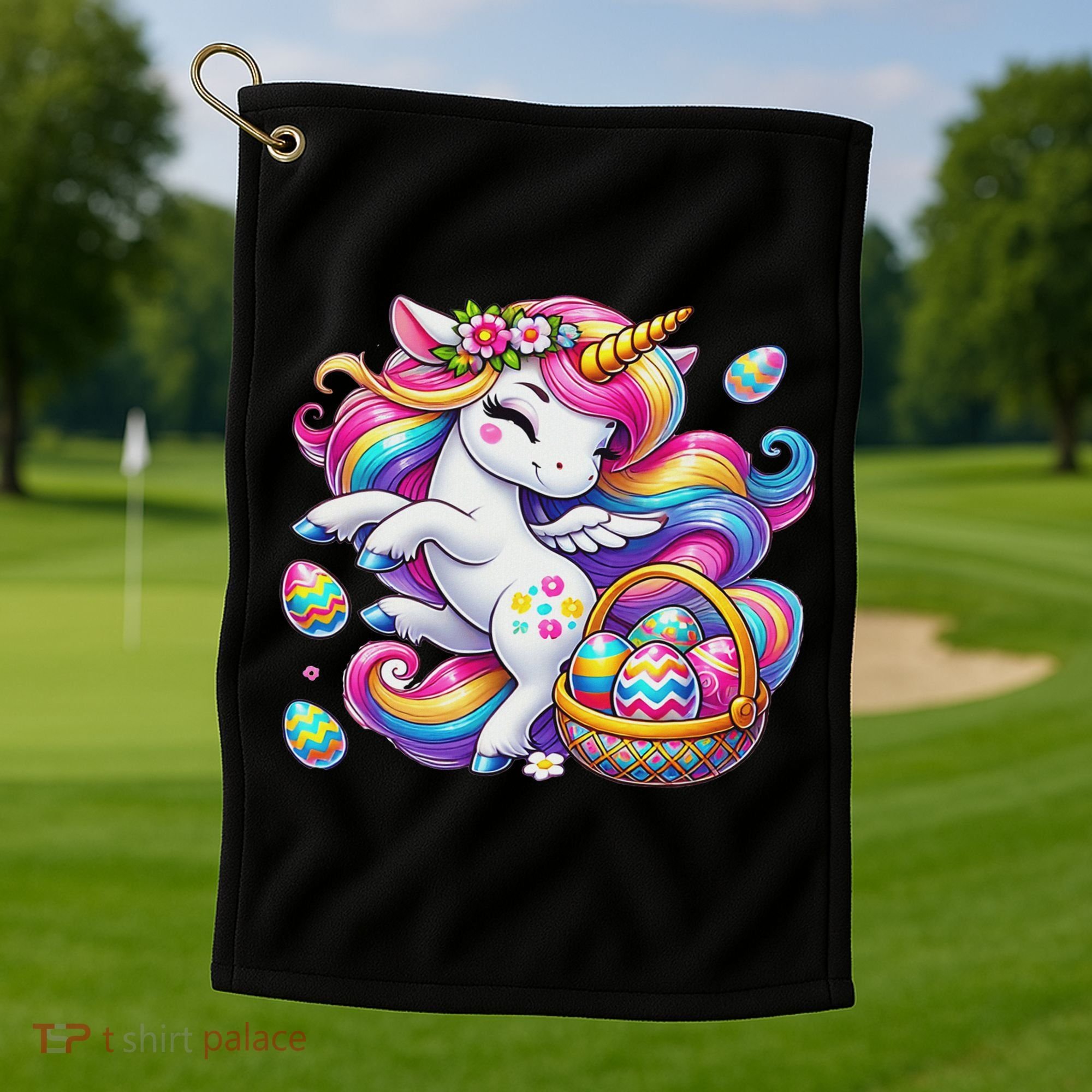 Easter Unicorn With Eggs Happy Easter Cute Golf Towel