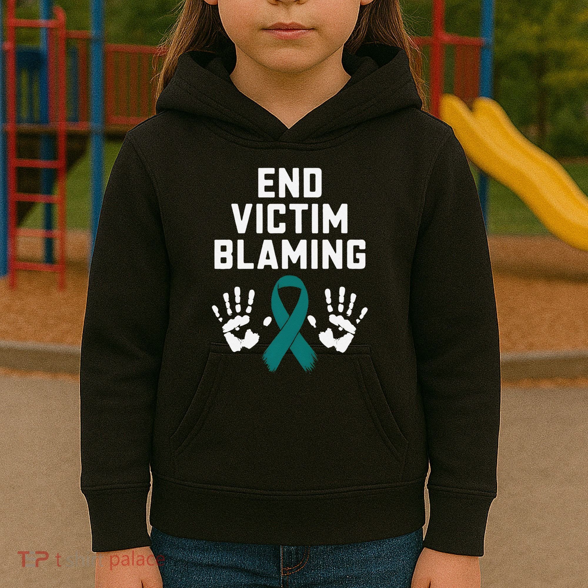 End Victim Blaming Funny Sexual Assault Awareness Month Kids Hoodie