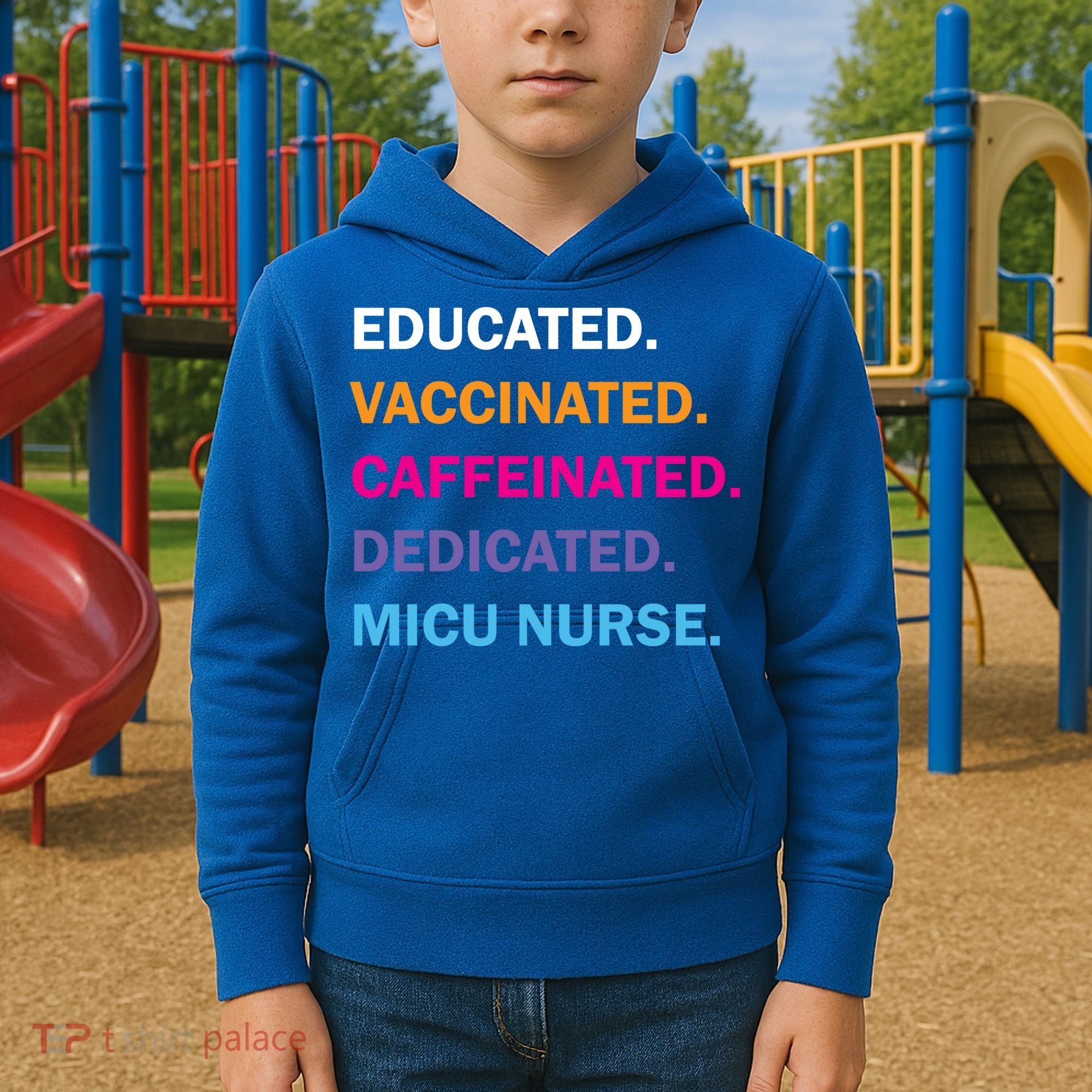 Educated Vaccinated Caffeinated Dedicated Micu Icu Nurse Rn Gift Kids Hoodie