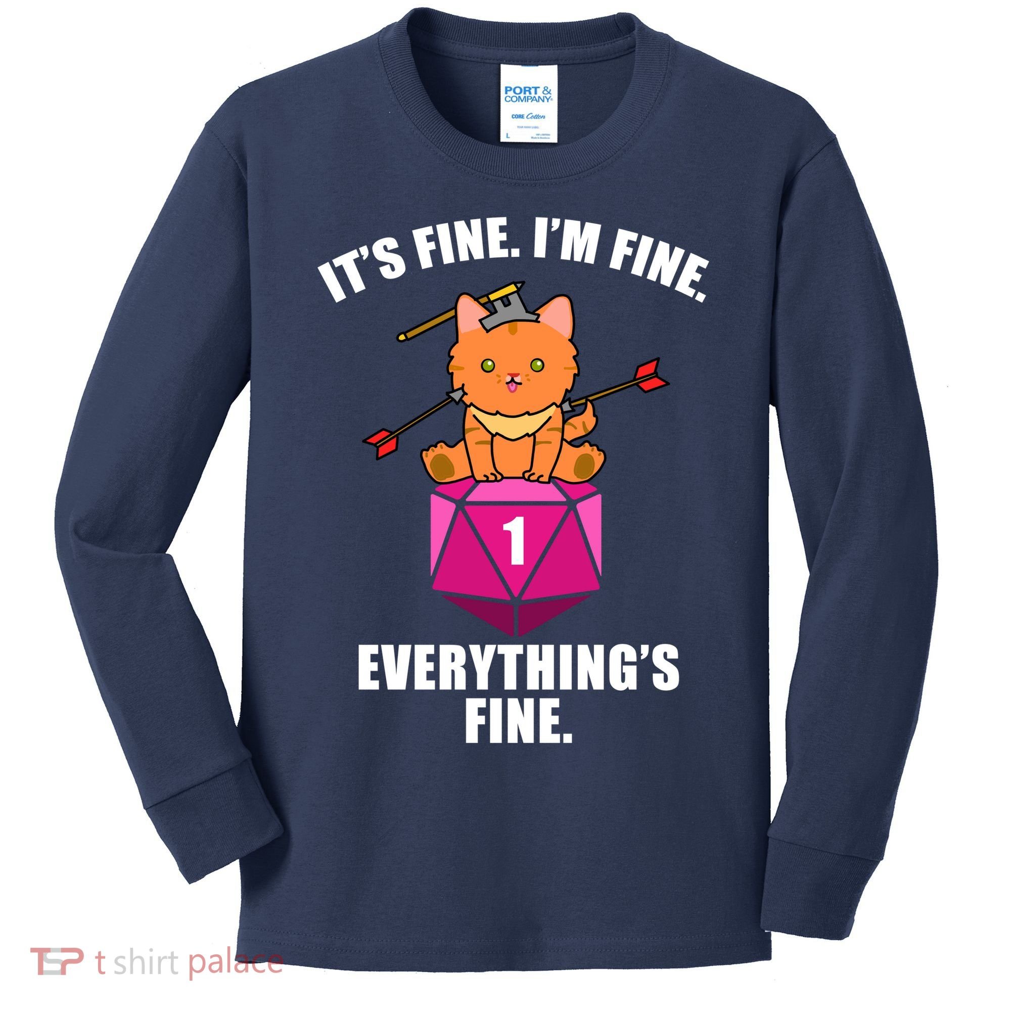 Everything's Fine Cute Cat DnD Kids Long Sleeve Shirt