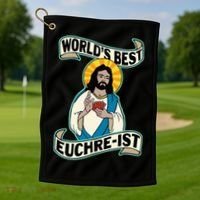 Euchre WorldS Best Euchre Ist Jesus Pun Golf Towel thumb 1